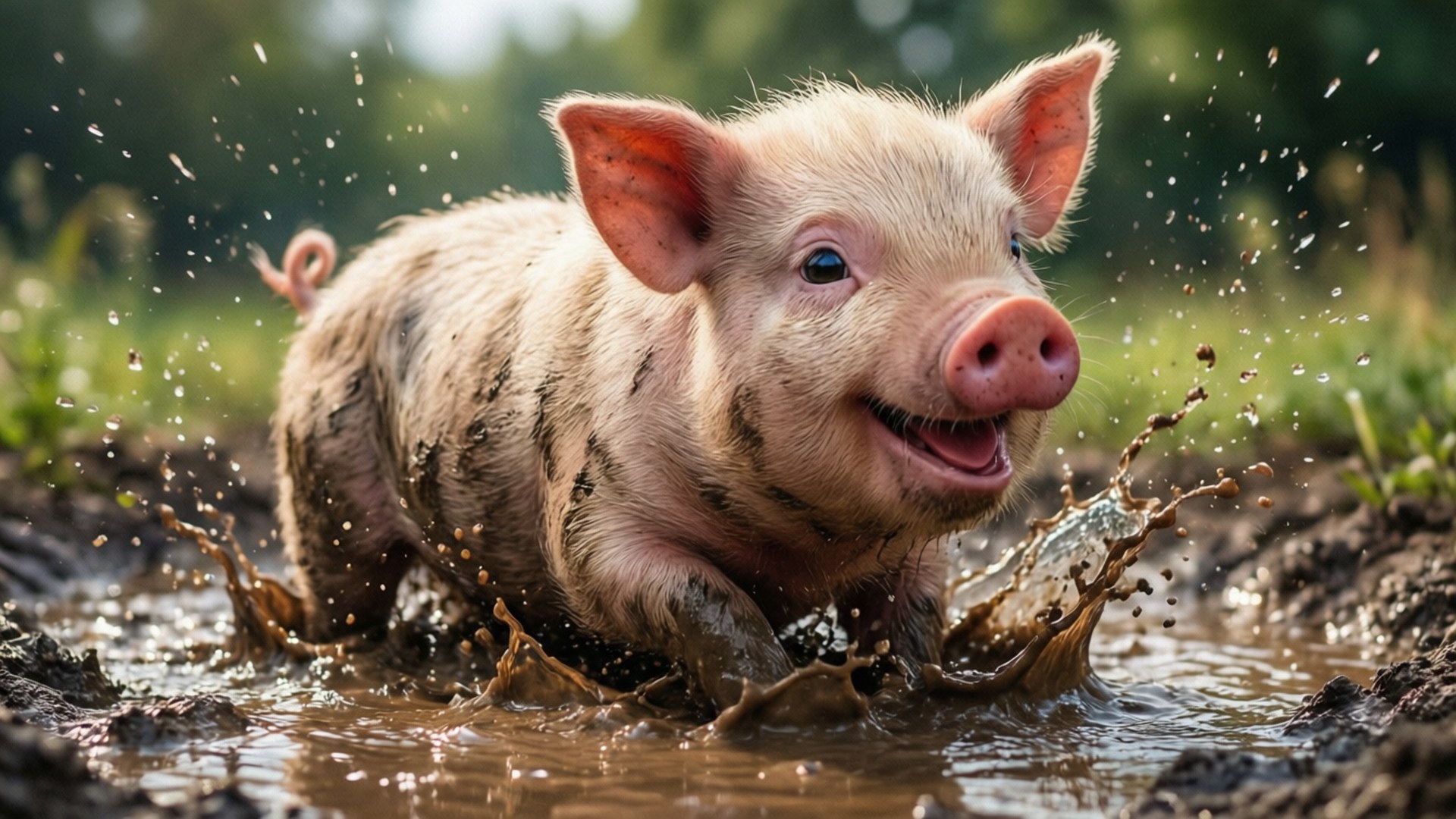 muddy pig play, pink piglet, muddy water, Full HD Desktop Wallpaper