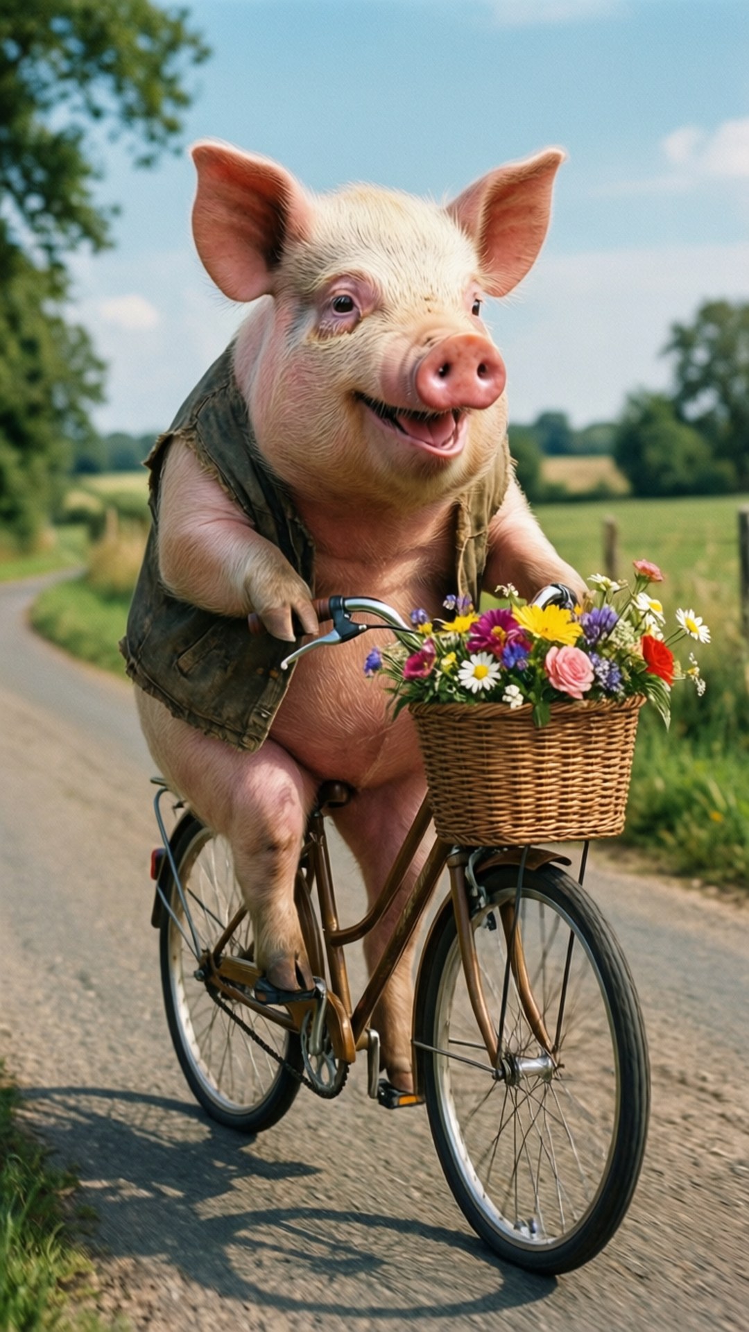 pink pig, denim vest, bicycle, Full HD Phone Wallpaper