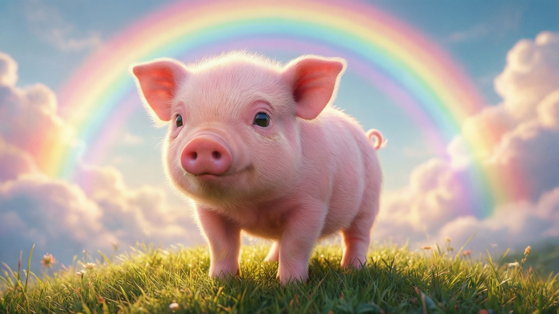 rainbow piglet, pink piglet, green grass, Full HD Desktop Wallpaper