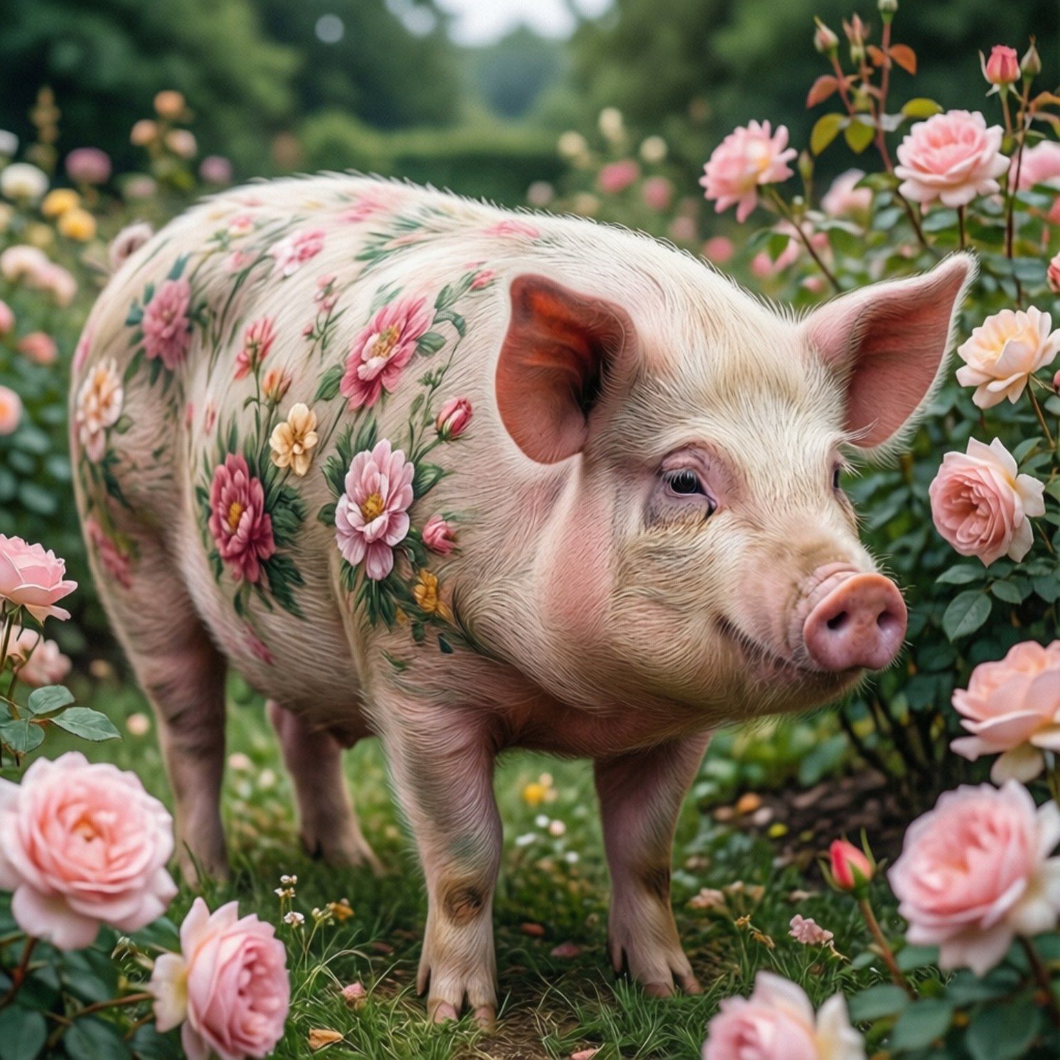 floral garden pig, pink pig, floral tattoos, HD Desktop Wallpaper