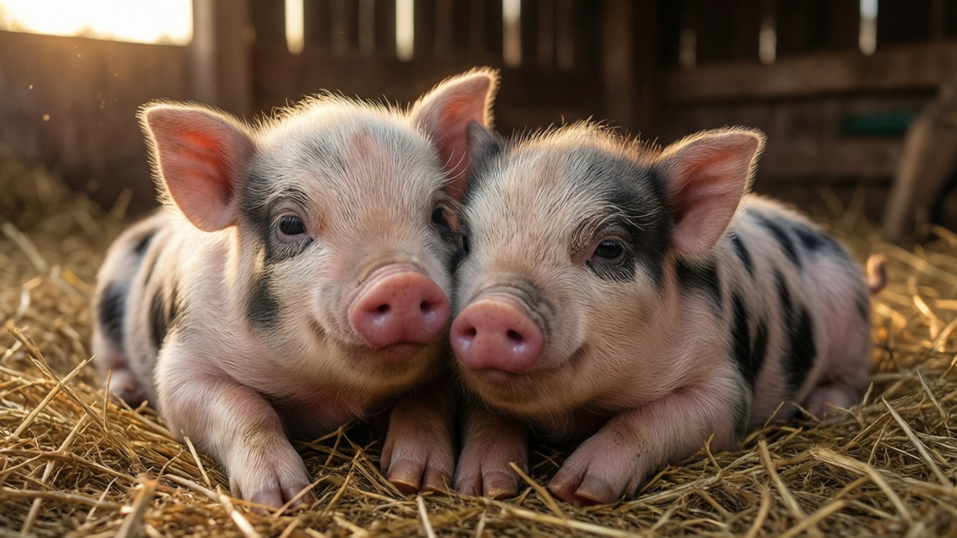 snuggling piglets, spotted piglets, golden hay, Full HD Desktop Wallpaper