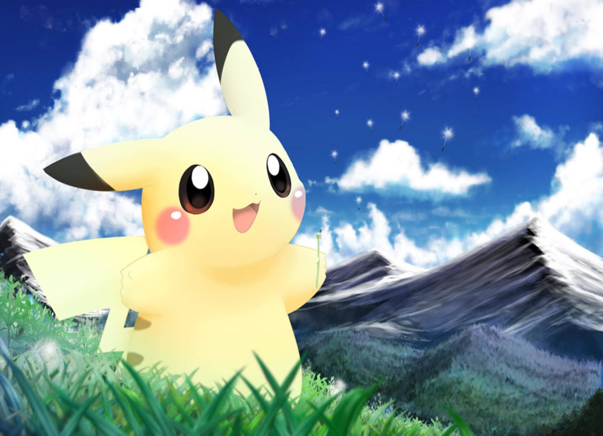 Cute Pikachu, mountains, snow-capped mountains, Full HD Desktop Wallpaper