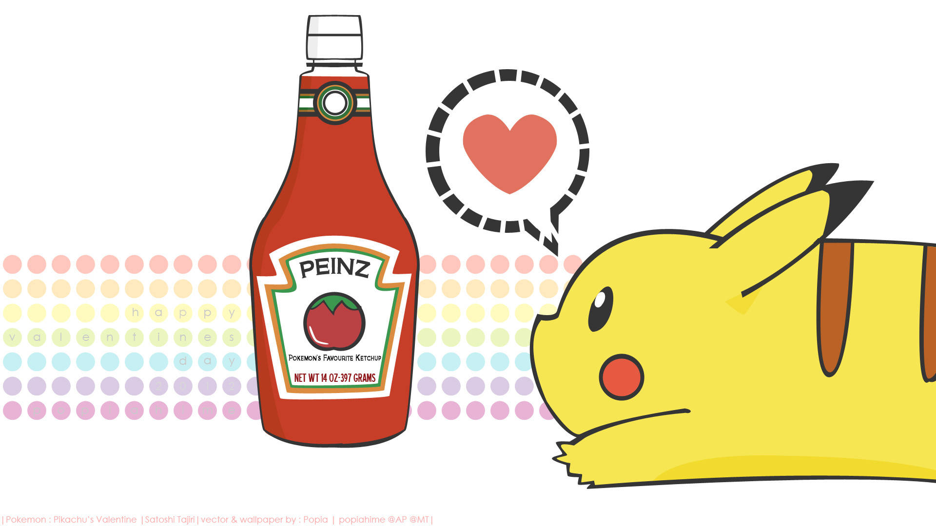 Cute Pikachu, ketchup bottle, heart speech bubble, Full HD Desktop Wallpaper