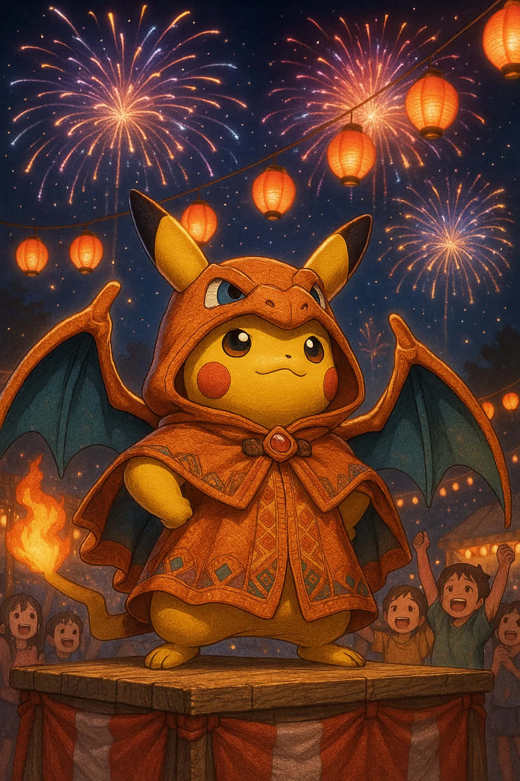 Pikachu, orange dragon hooded cloak, stage, HD Phone Wallpaper