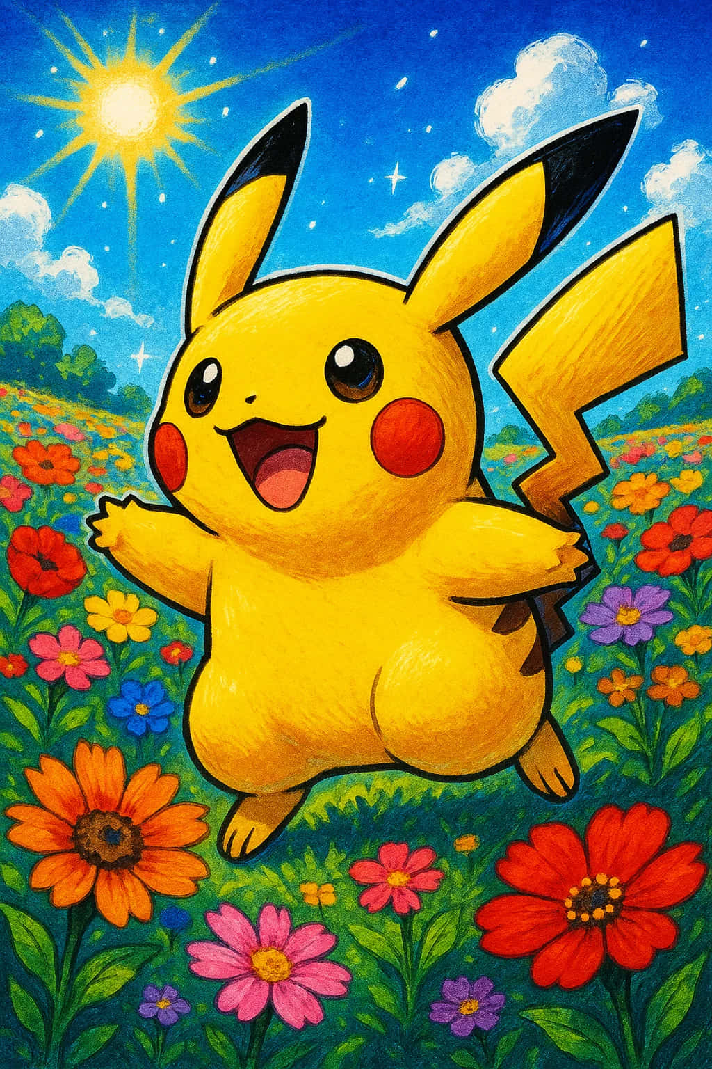 Pikachu, yellow, vibrant field of colorful flowers, HD Phone Wallpaper