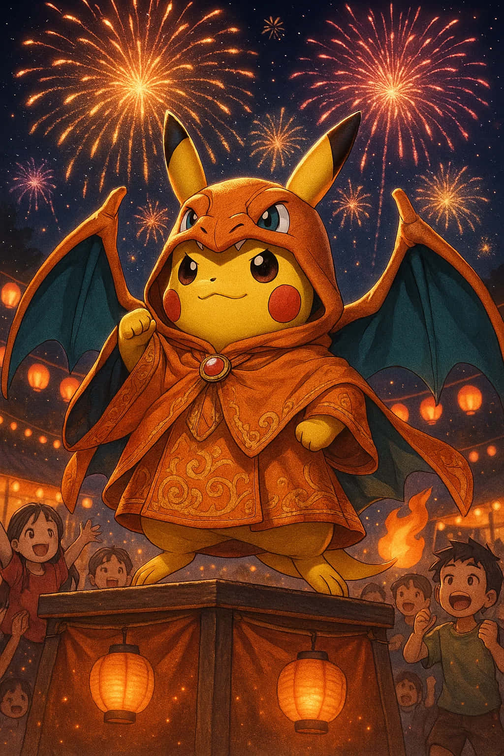 Pikachu, dragon-themed orange robe, stage, HD Phone Wallpaper