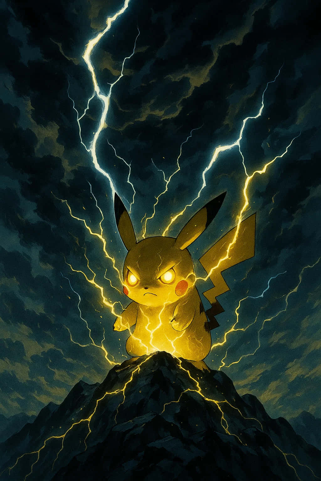 Pikachu, jagged mountain peak, golden lightning, HD Phone Wallpaper