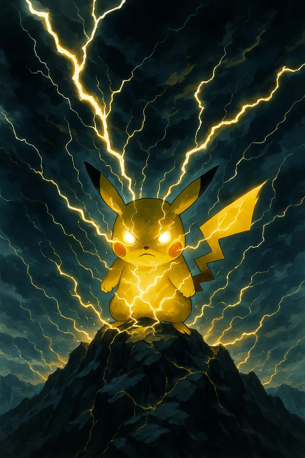 Pikachu, glowing yellow, jagged mountain peak, HD Phone Wallpaper