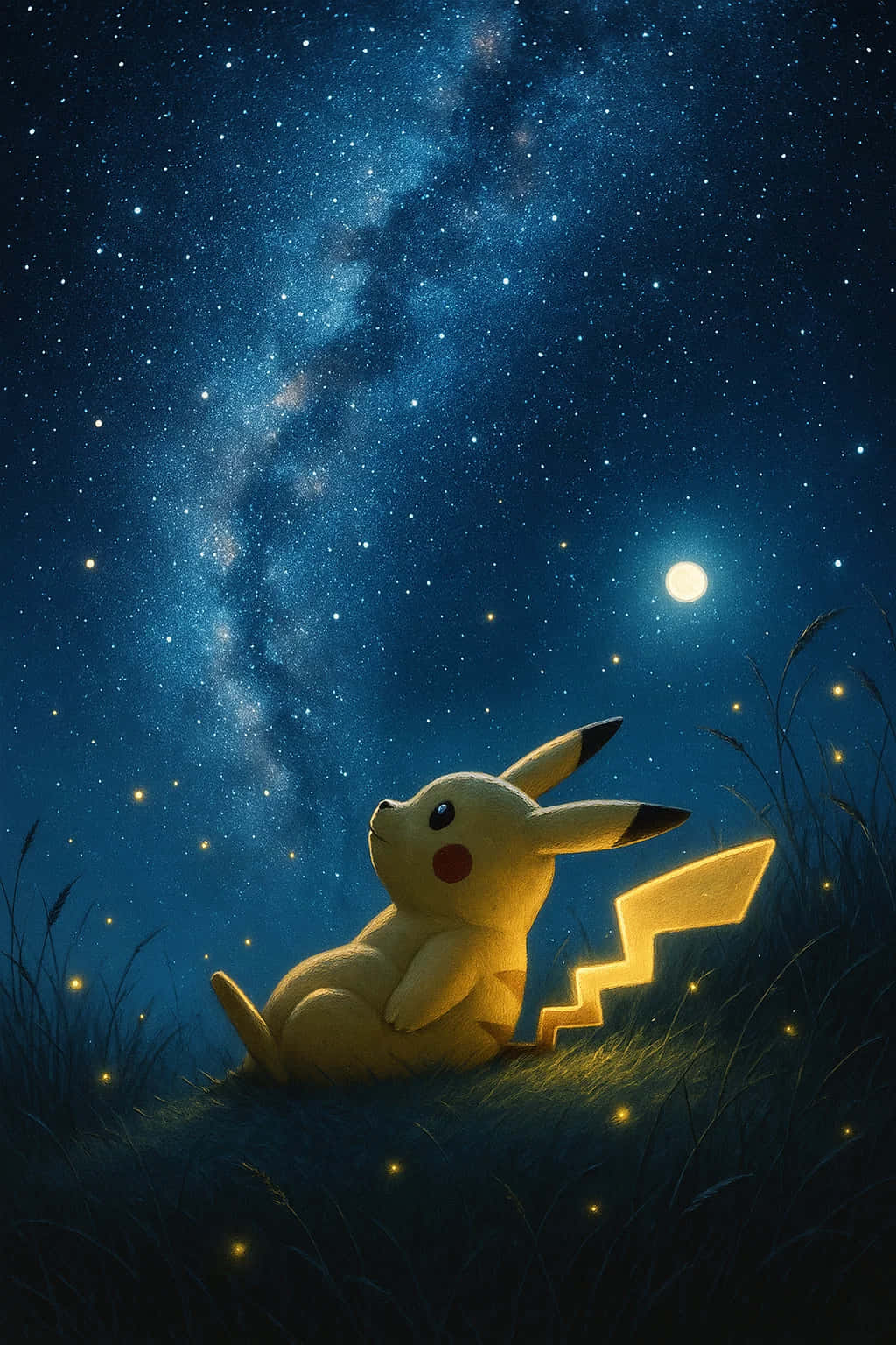 Pikachu, starry night sky, bright moon, HD Phone Wallpaper