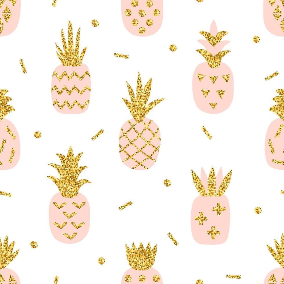 cute pink pineapple, golden crown, gold glitter, SD Desktop Wallpaper