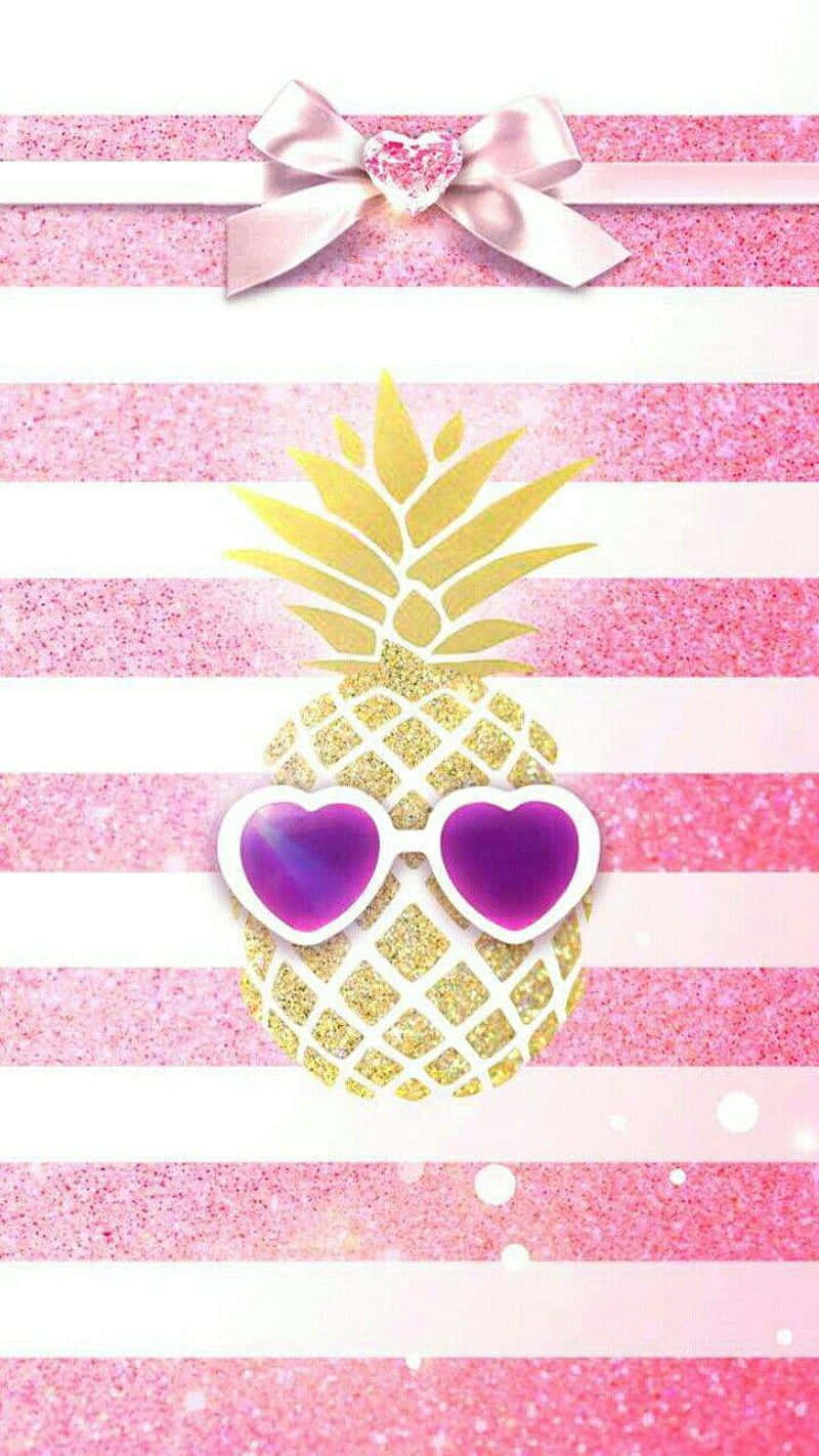 glittery gold pineapple, heart-shaped purple sunglasses, pink and white striped background, HD Phone Wallpaper