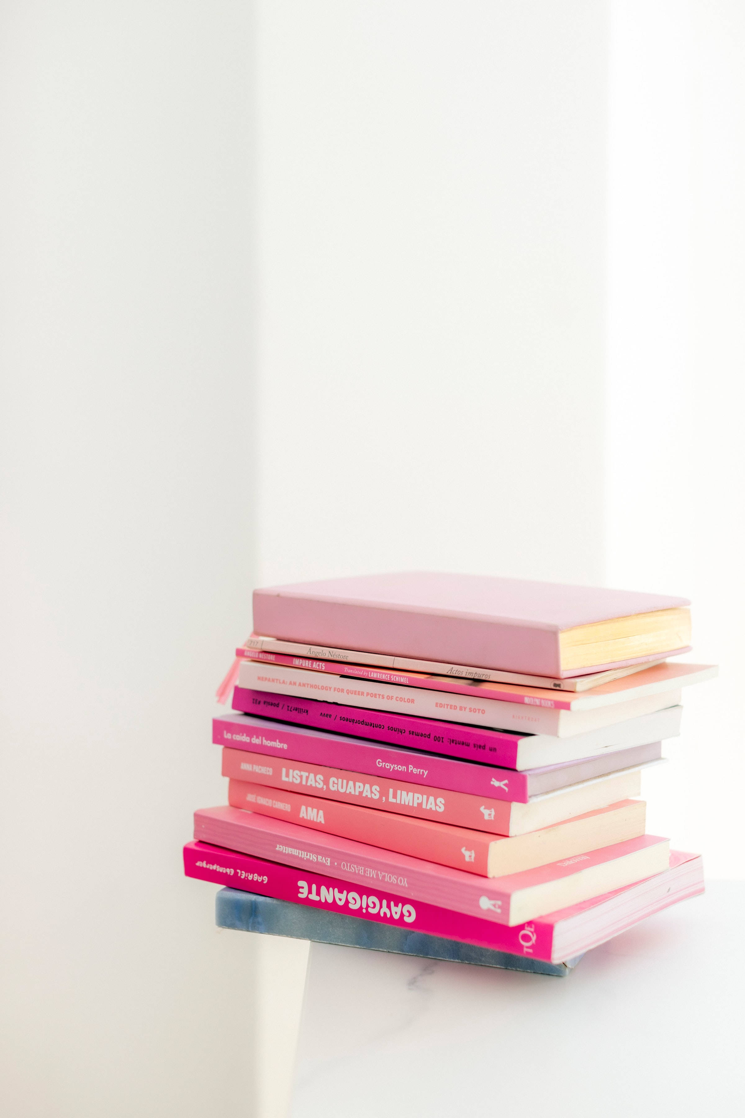 cute pink aesthetic, pink and coral books, marble surface, 2K Phone Wallpaper