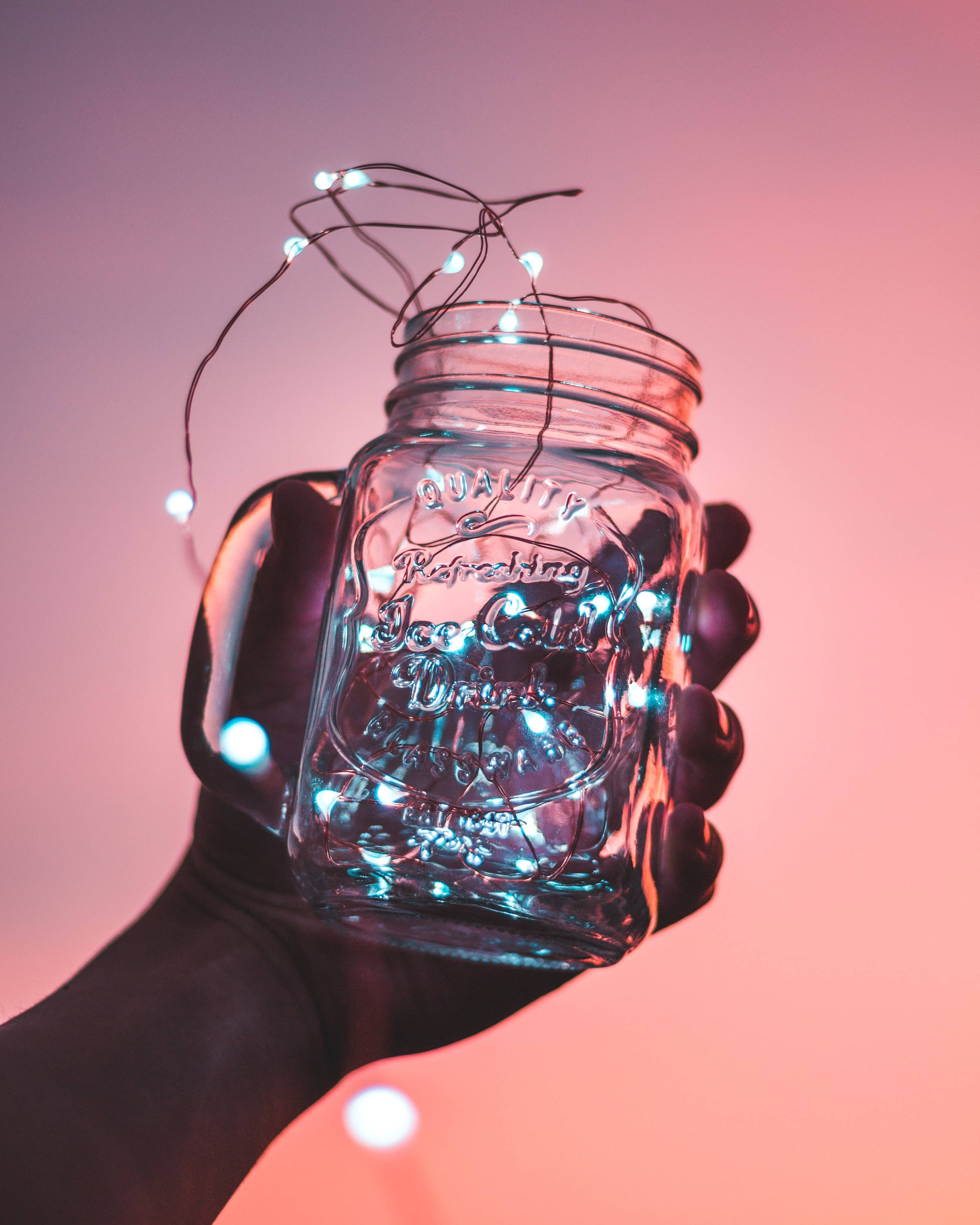 cute pink aesthetic, fairy lights, glass mason jar, 2K Phone Wallpaper