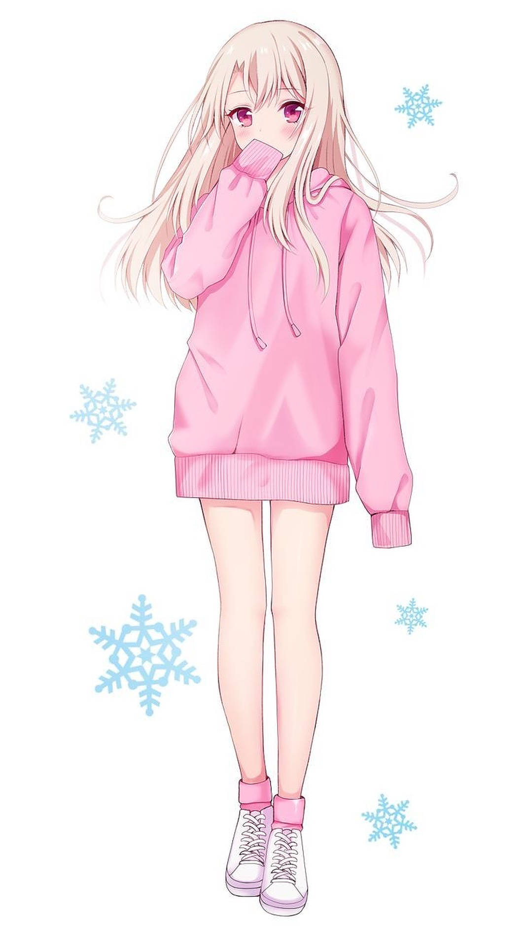anime girl, long blonde hair, pink eyes, Full HD Phone Wallpaper