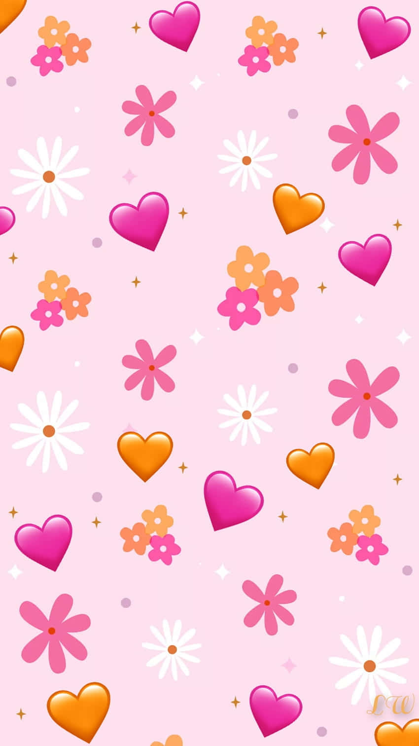 pink hearts, white daisies, orange hearts, HD Phone Wallpaper