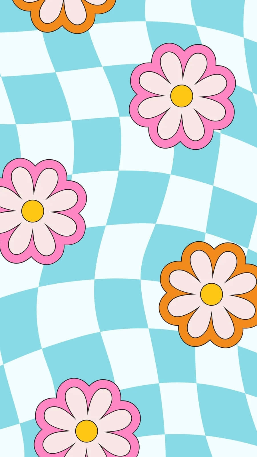pink and orange daisies, yellow centers, wavy blue and white checkerboard pattern, HD Phone Wallpaper