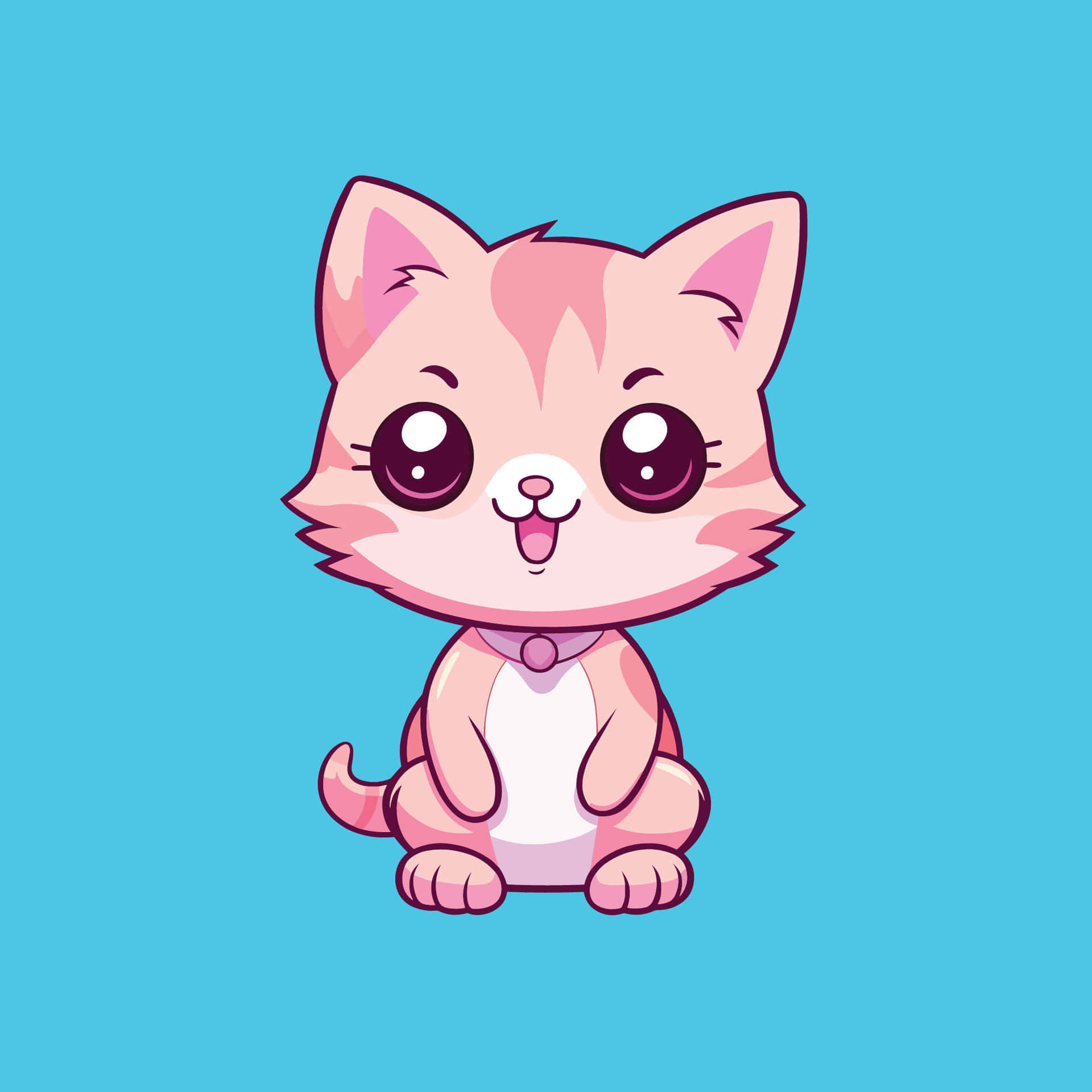 adorable pink cartoon cat, cute pink cartoon kitten, big eyes, Full HD Desktop Wallpaper