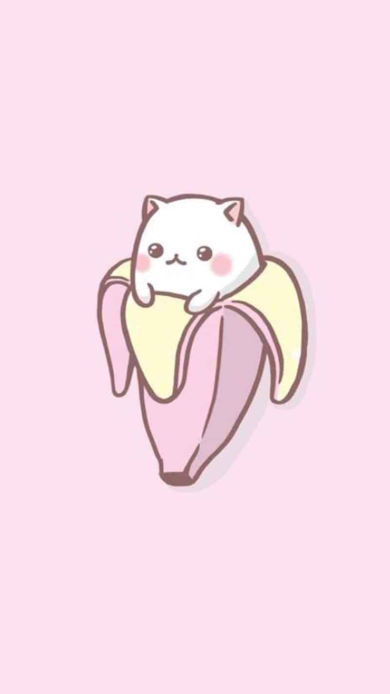 pink banana, white cartoon cat, rosy cheeks, HD Phone Wallpaper