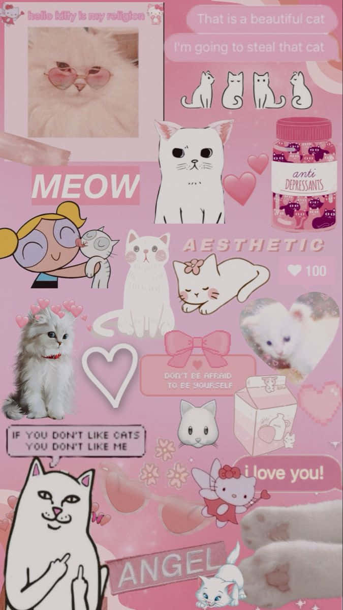 Cute Pink Cat Collage, cartoon cats, hearts, SD Phone Wallpaper