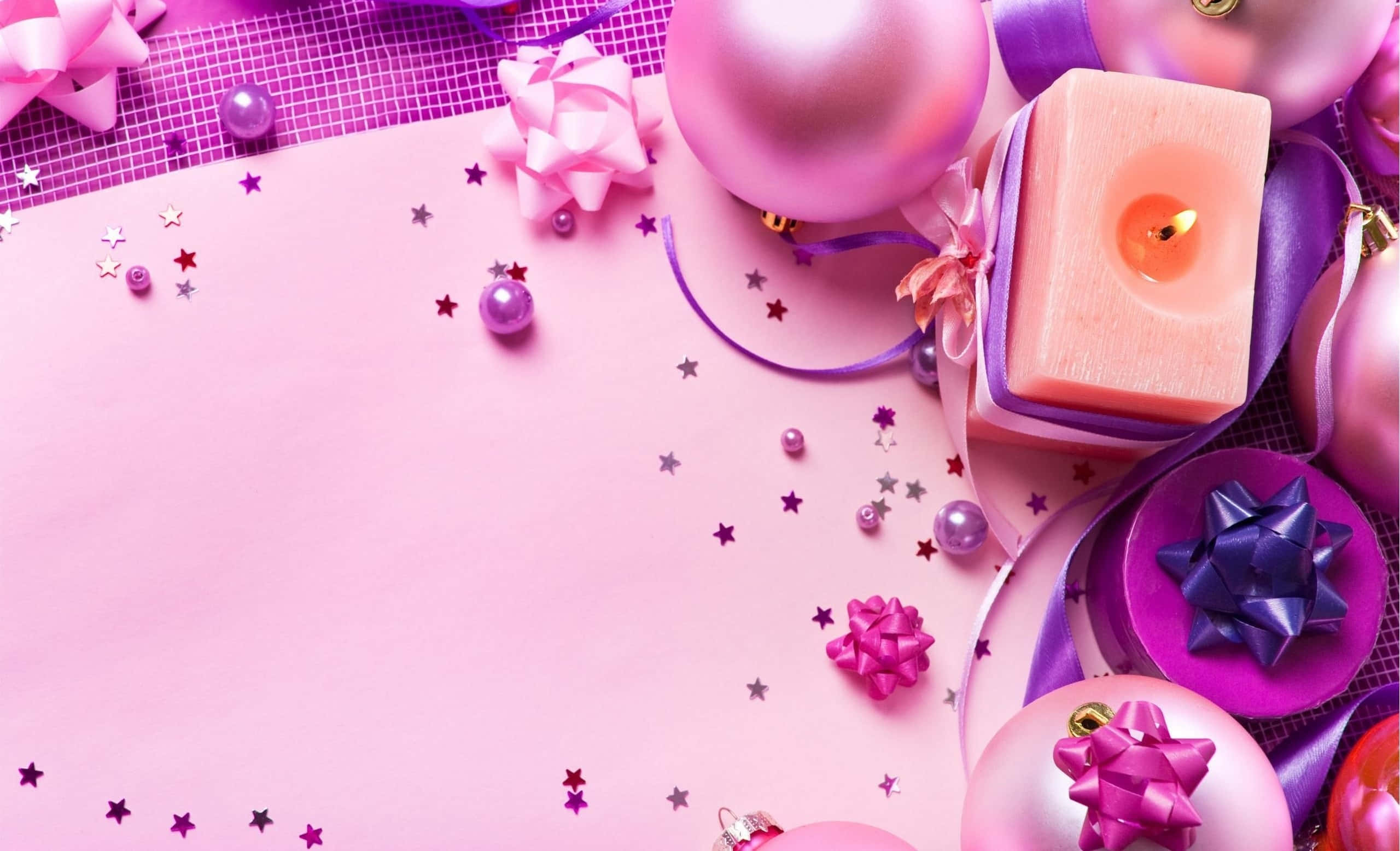 cute pink Christmas, pink and purple holiday arrangement, balloons, 2K Desktop Wallpaper