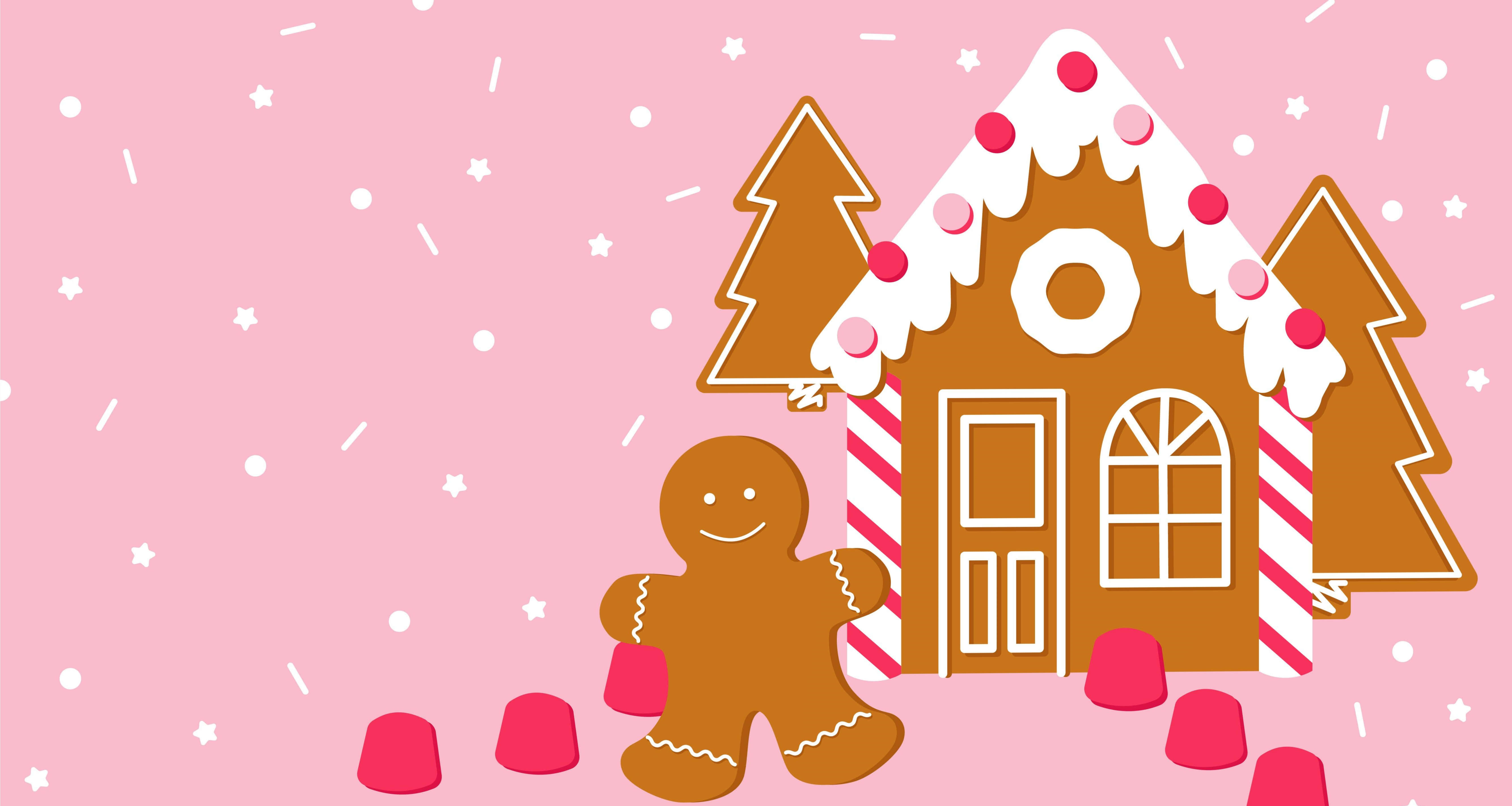 gingerbread house, candy cane pillars, smiling gingerbread man, 5K Desktop Wallpaper