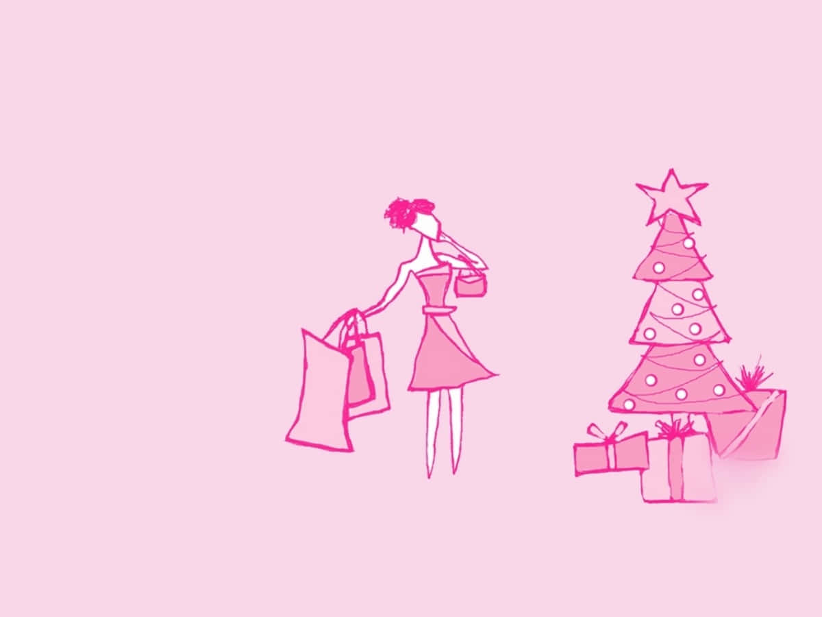 Cute Pink Christmas, pink line-art woman, Christmas tree, SD Desktop Wallpaper