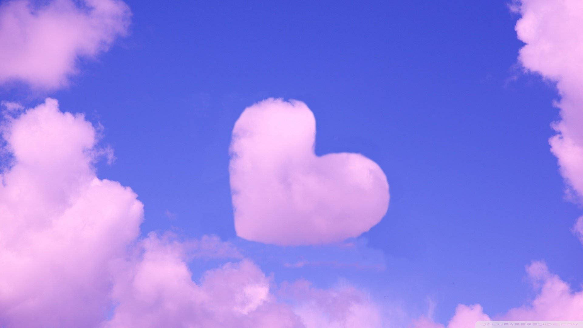 Dreamy Pink Clouds at Dawn, soft pink heart-shaped cloud, vibrant blue sky, Full HD Desktop Wallpaper