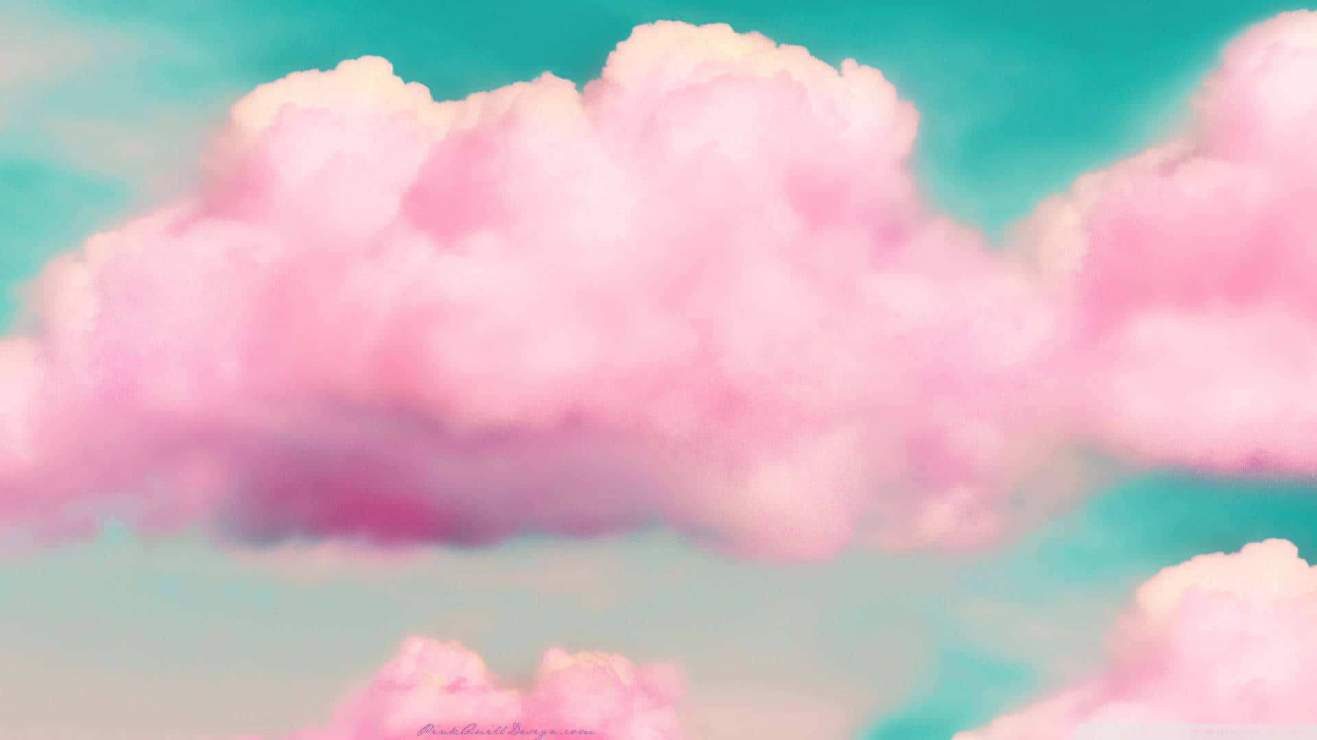 Fluffy pink clouds, Soft teal sky, Dreamy digital painting, Full HD Desktop Wallpaper