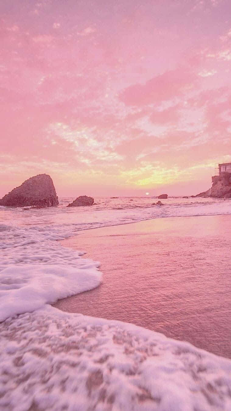 pink sunset, tranquil beach, foamy waves, HD Phone Wallpaper