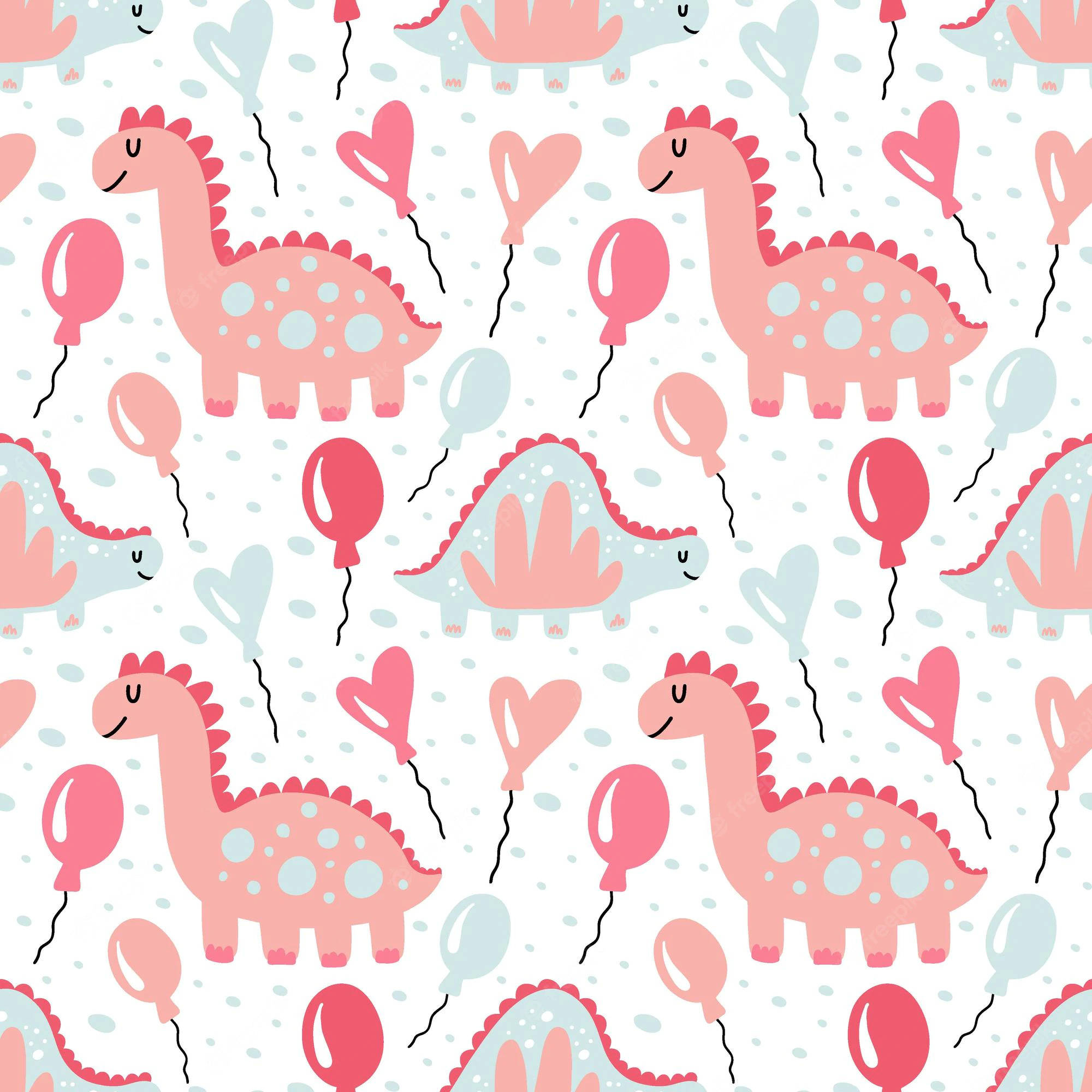 Cute Pink Dinosaur, polka dots, heart and balloon shapes, Full HD Desktop Wallpaper