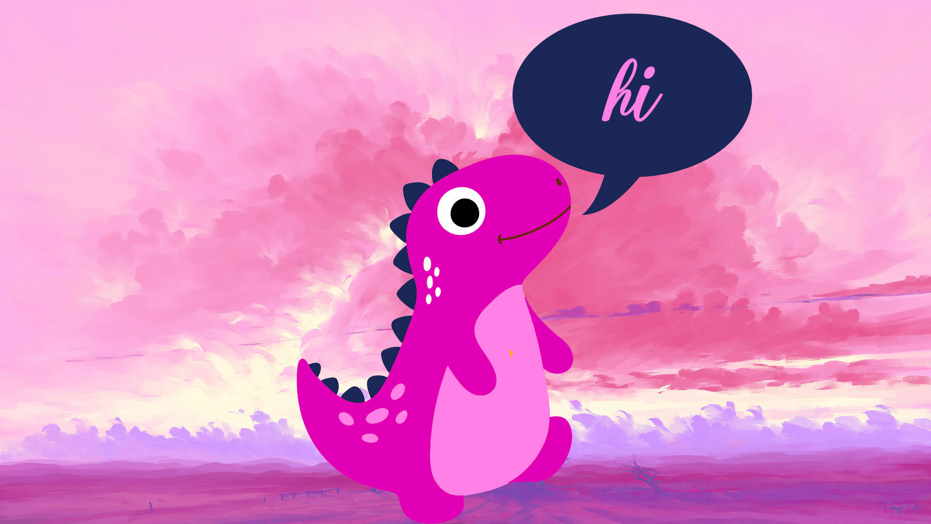Cute Pink Dinosaur, speech bubble saying hi, dreamy pink and purple sunset sky, Full HD Desktop Wallpaper