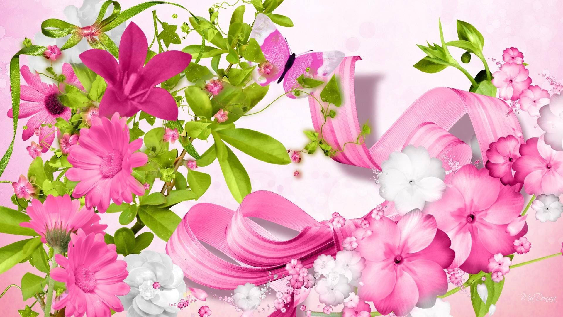 butterfly ribbons, cute pink flower, glossy pink ribbon, Full HD Desktop Wallpaper
