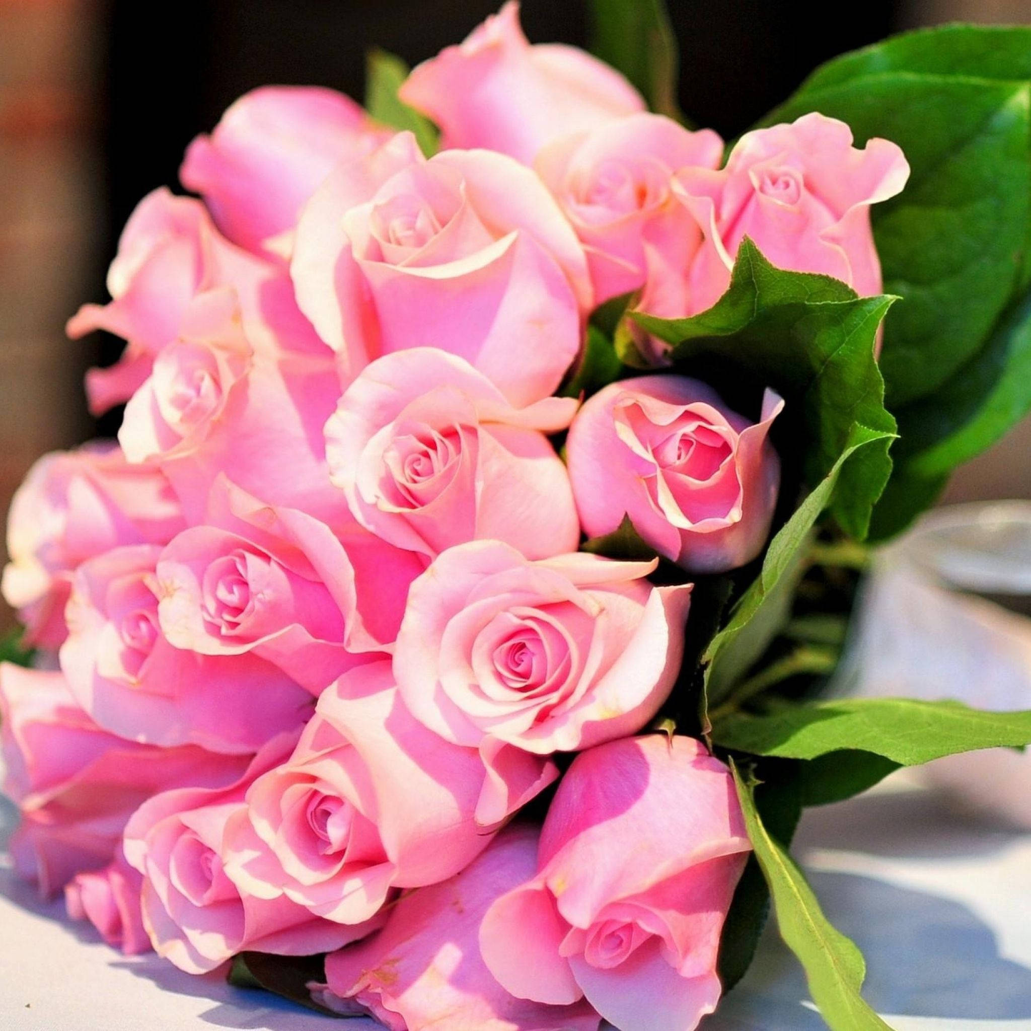 cute pink flower bouquet of roses, soft pink roses, green leaves, Full HD Desktop Wallpaper