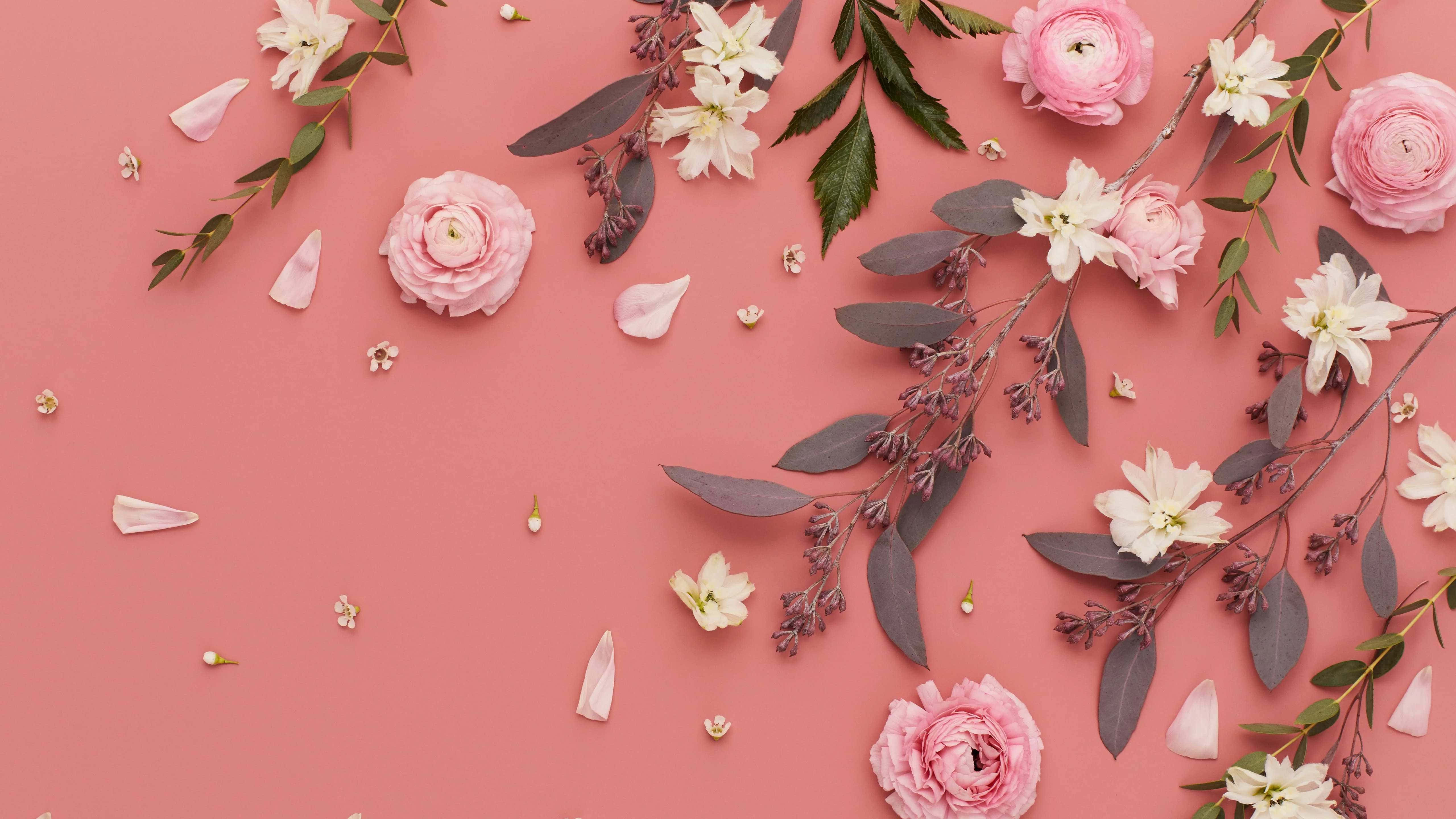 pale pink floral arrangement backdrop, pink and white flowers, greenery, 5K Desktop Wallpaper
