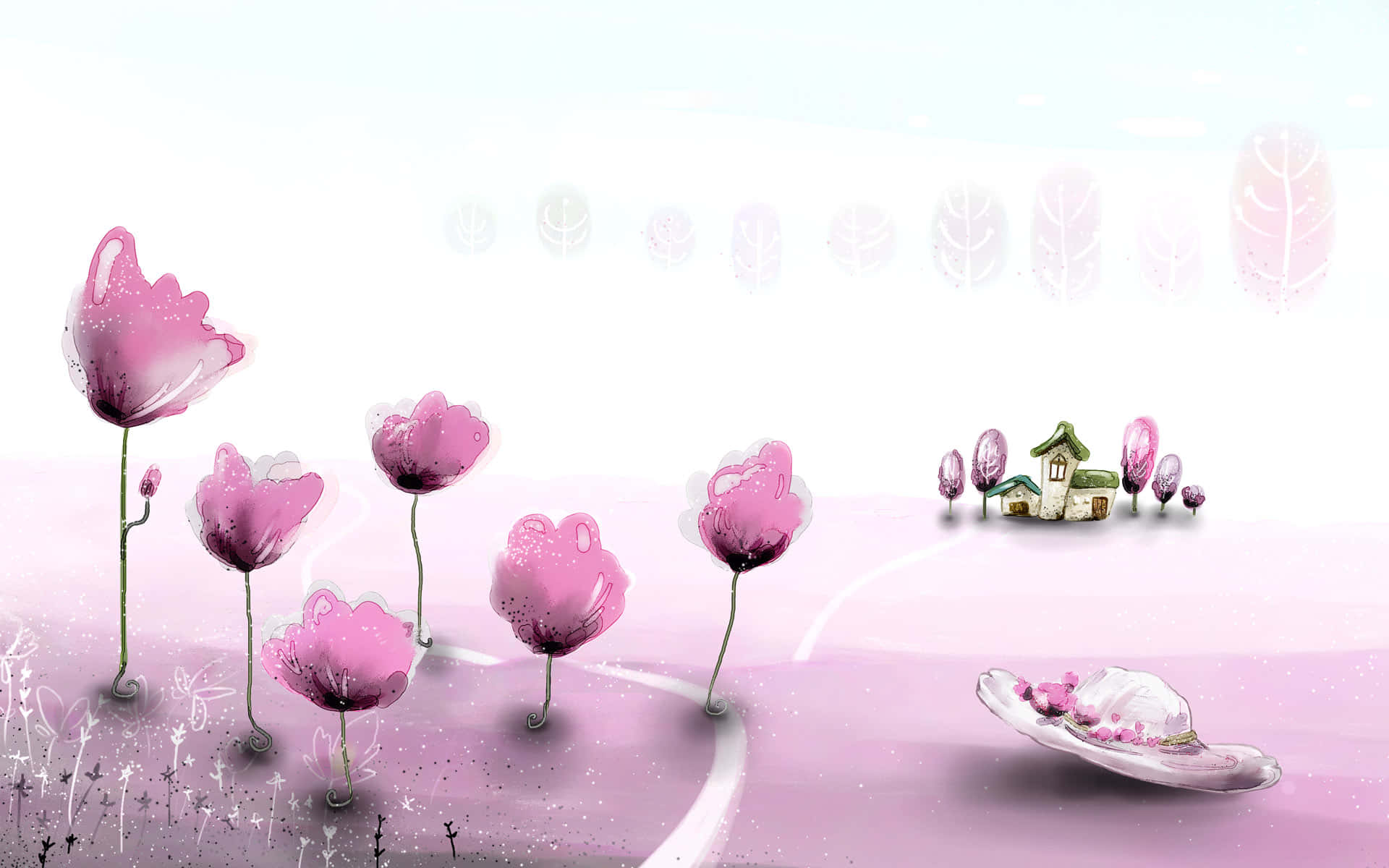 pink flowers, whimsical pastel landscape, tiny house, Full HD Desktop Wallpaper