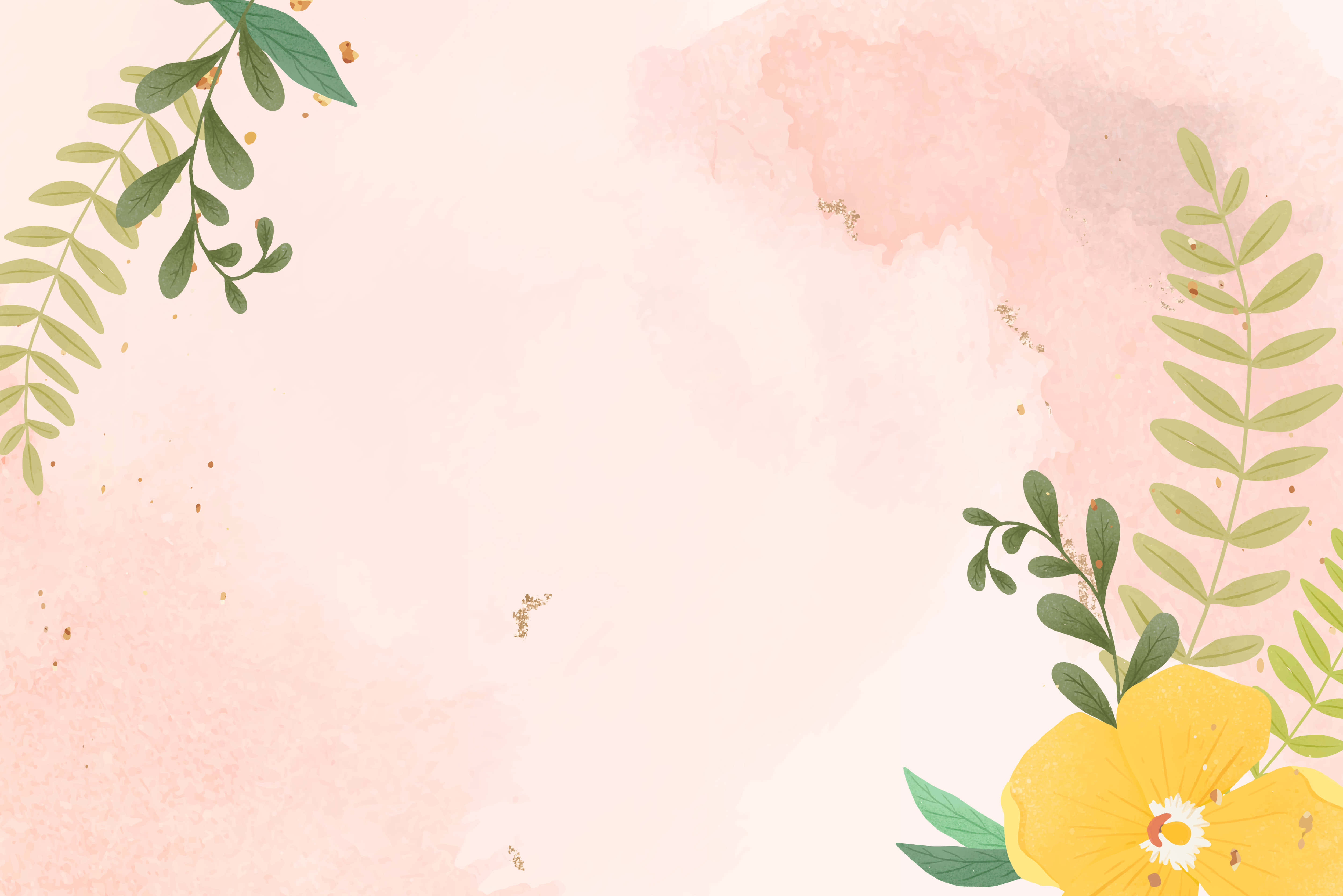 pink boho floral background, soft pink watercolor background, green foliage, 4K Desktop Wallpaper