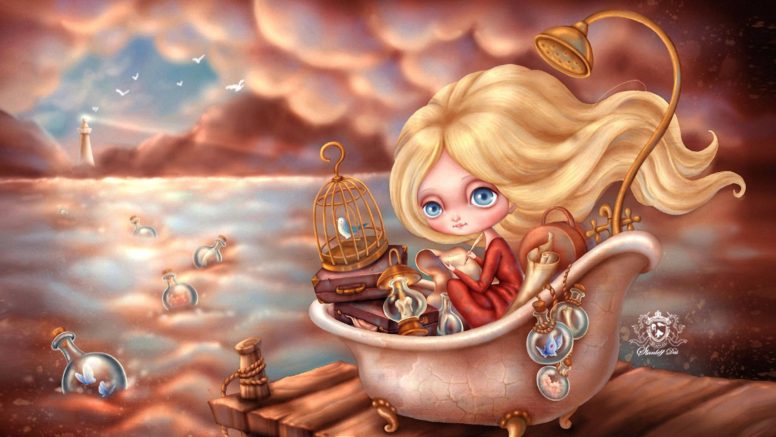 Cute Pink Girl, anime girl, blonde hair, Full HD Desktop Wallpaper