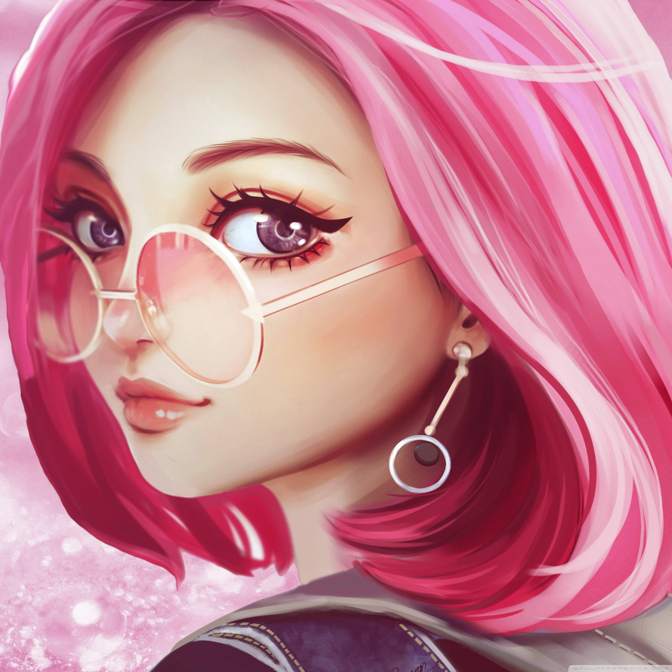 Cute Pink Girl, vibrant pink hair, round glasses, 2K Desktop Wallpaper