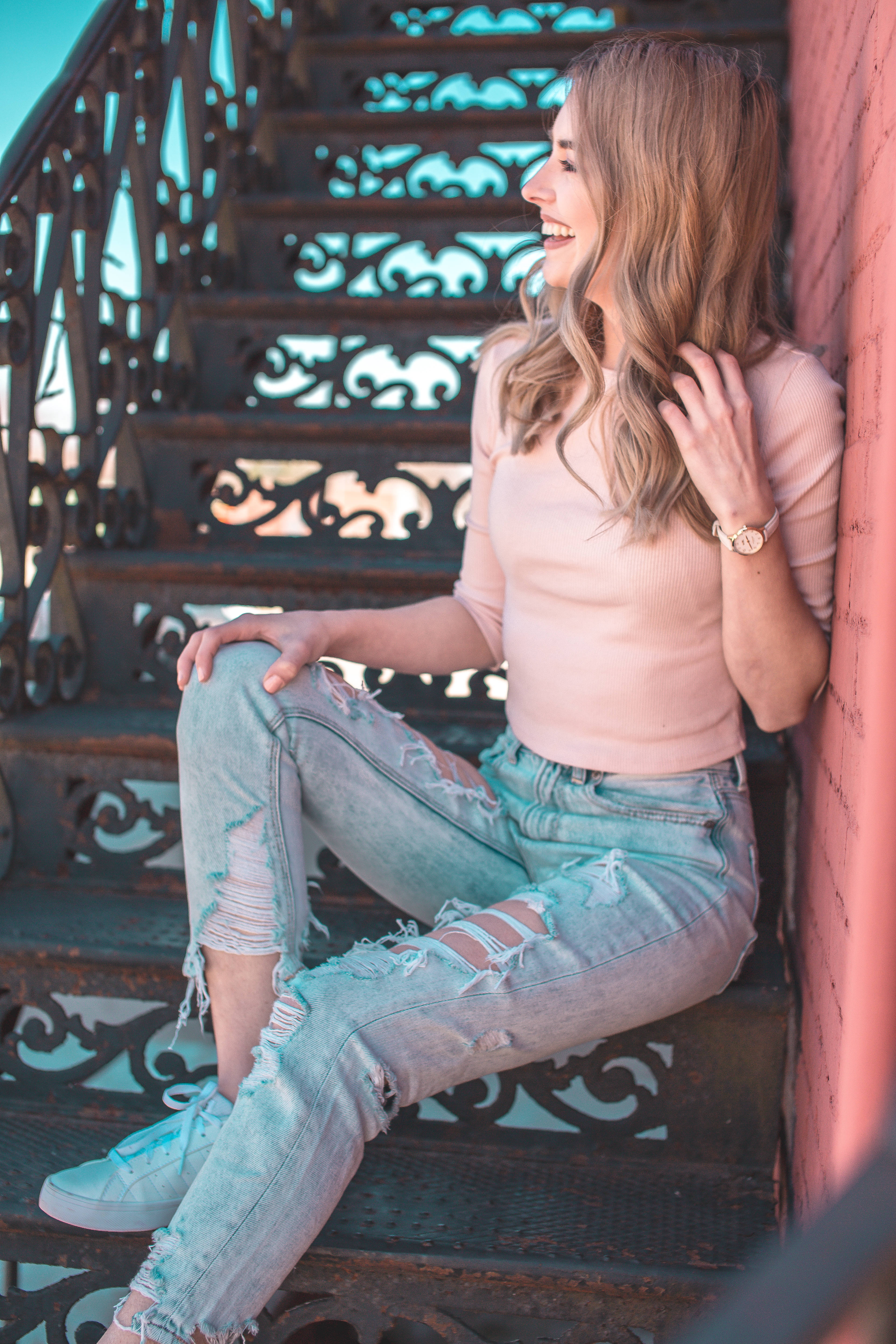 Cute Pink Girl, ripped jeans, pink top, 5K Phone Wallpaper