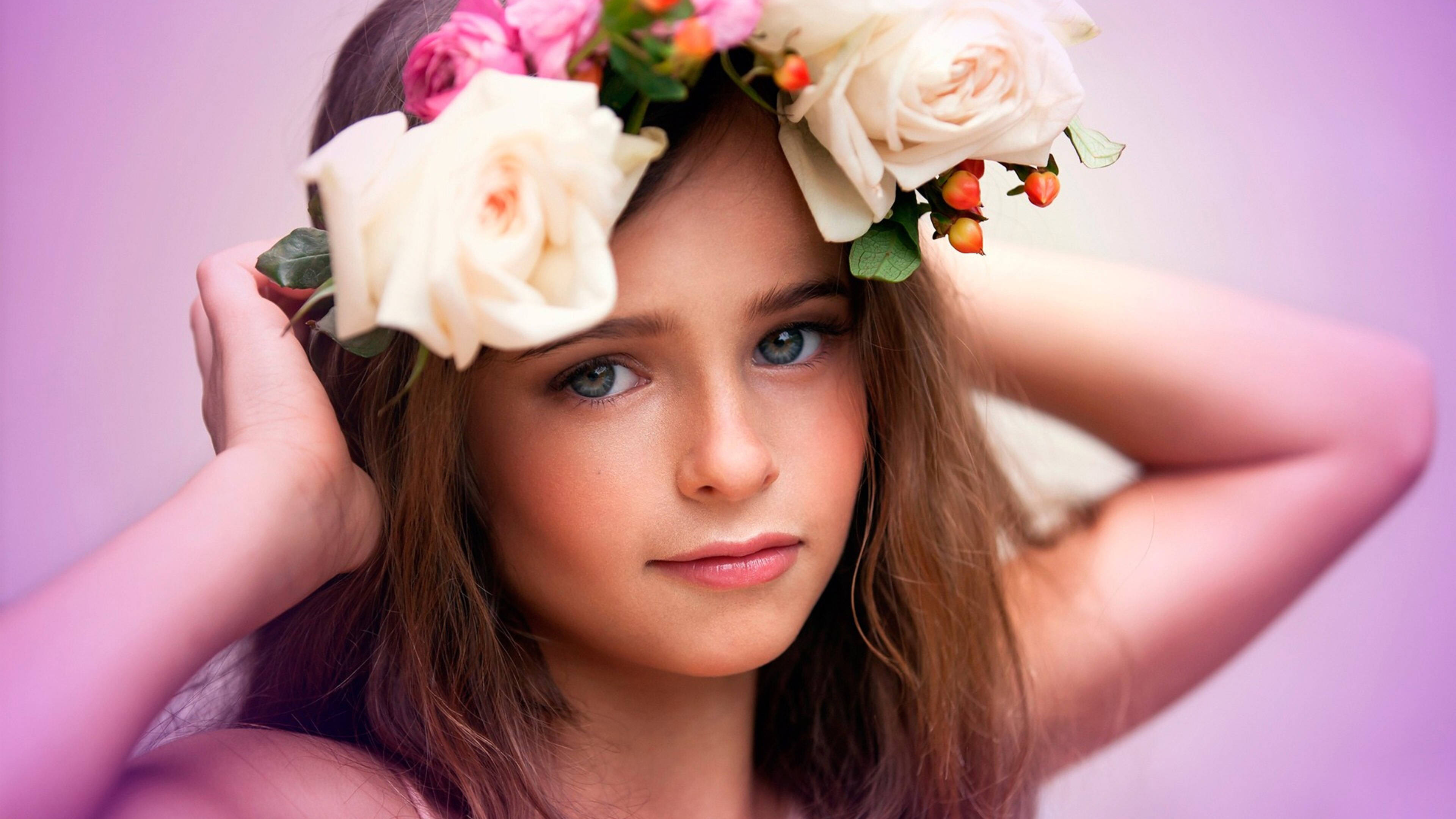 Cute Pink Girl, floral crown, white and pink roses, 4K Desktop Wallpaper