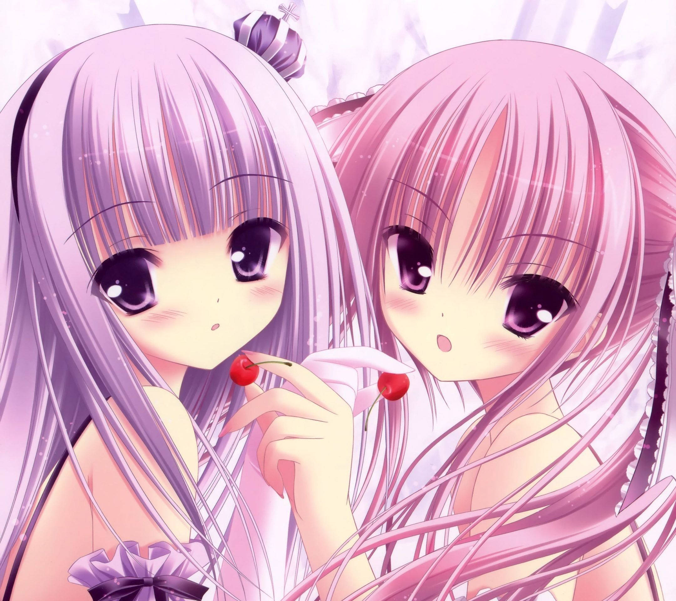 pink and purple hair, anime girls, cherries, Full HD Desktop Wallpaper
