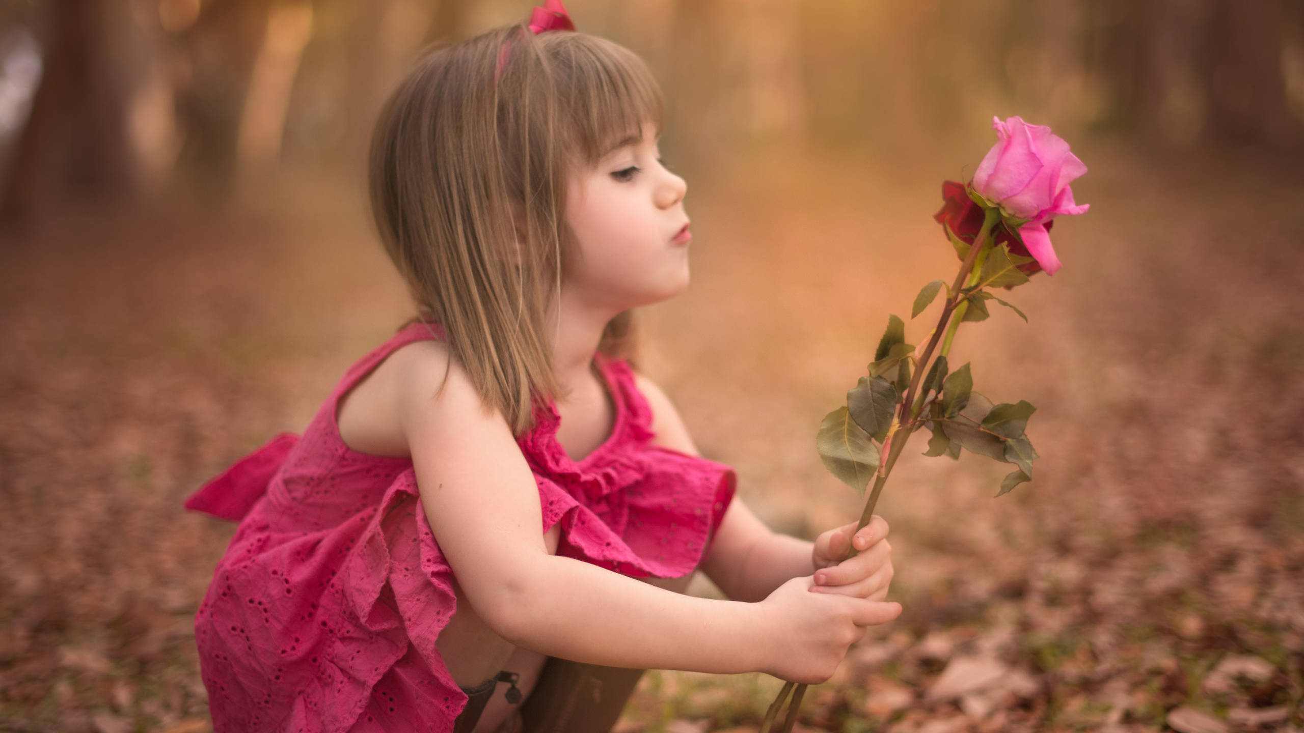 Cute Pink Girl Rose, pink dress, sunlit forest, 2K Desktop Wallpaper