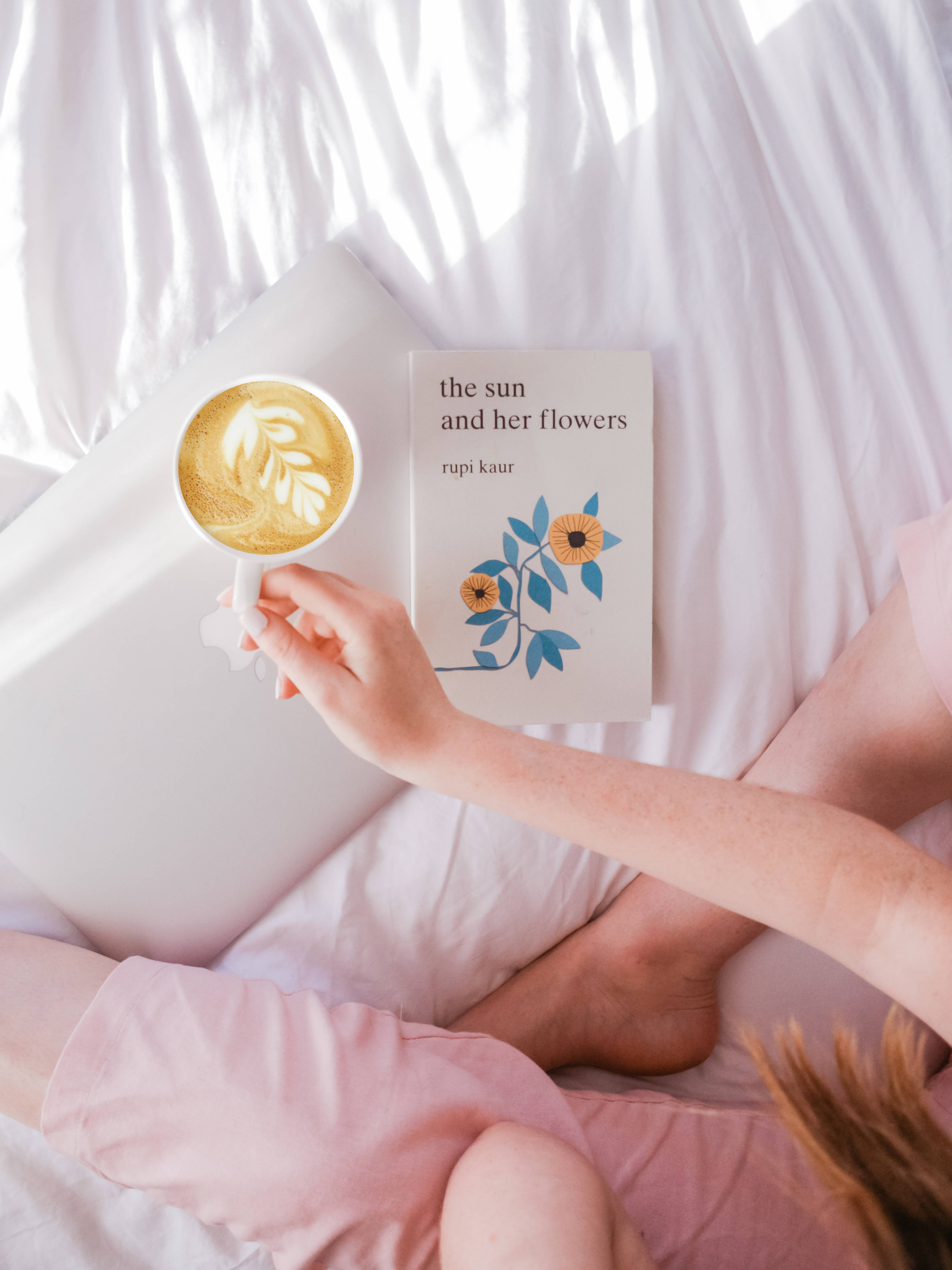 pink pajamas, latte with leaf art, book, 4K Phone Wallpaper