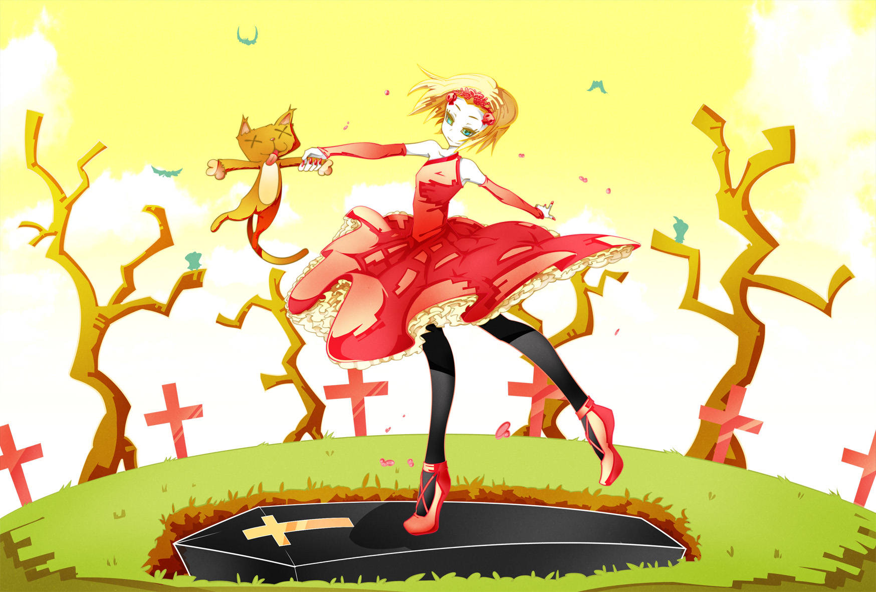 Cute Pink Cartoon Girl, red dress, open coffin, HD Desktop Wallpaper