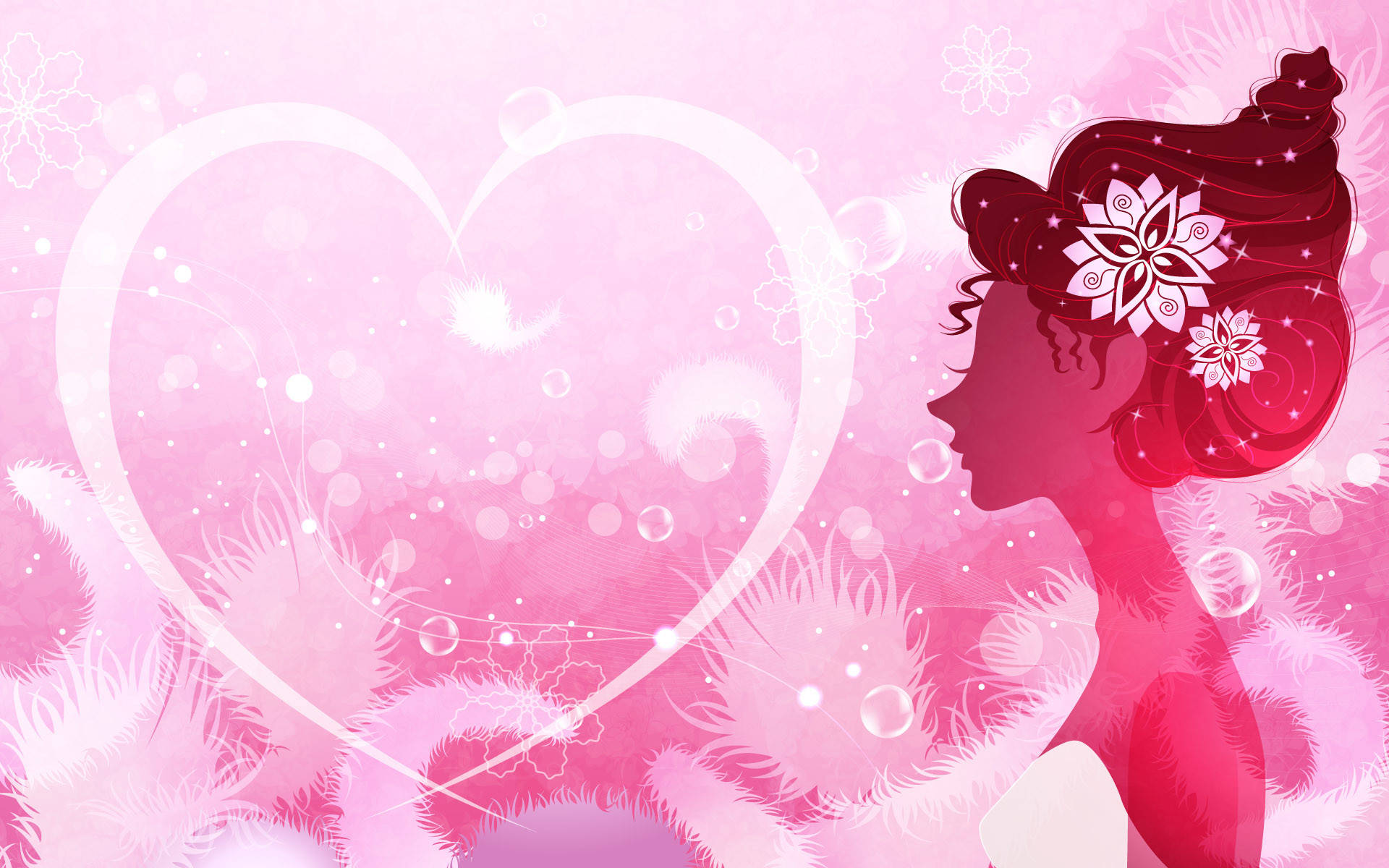 Cute Pink Girl, heart-shaped bubble background, floral hair, Full HD Desktop Wallpaper