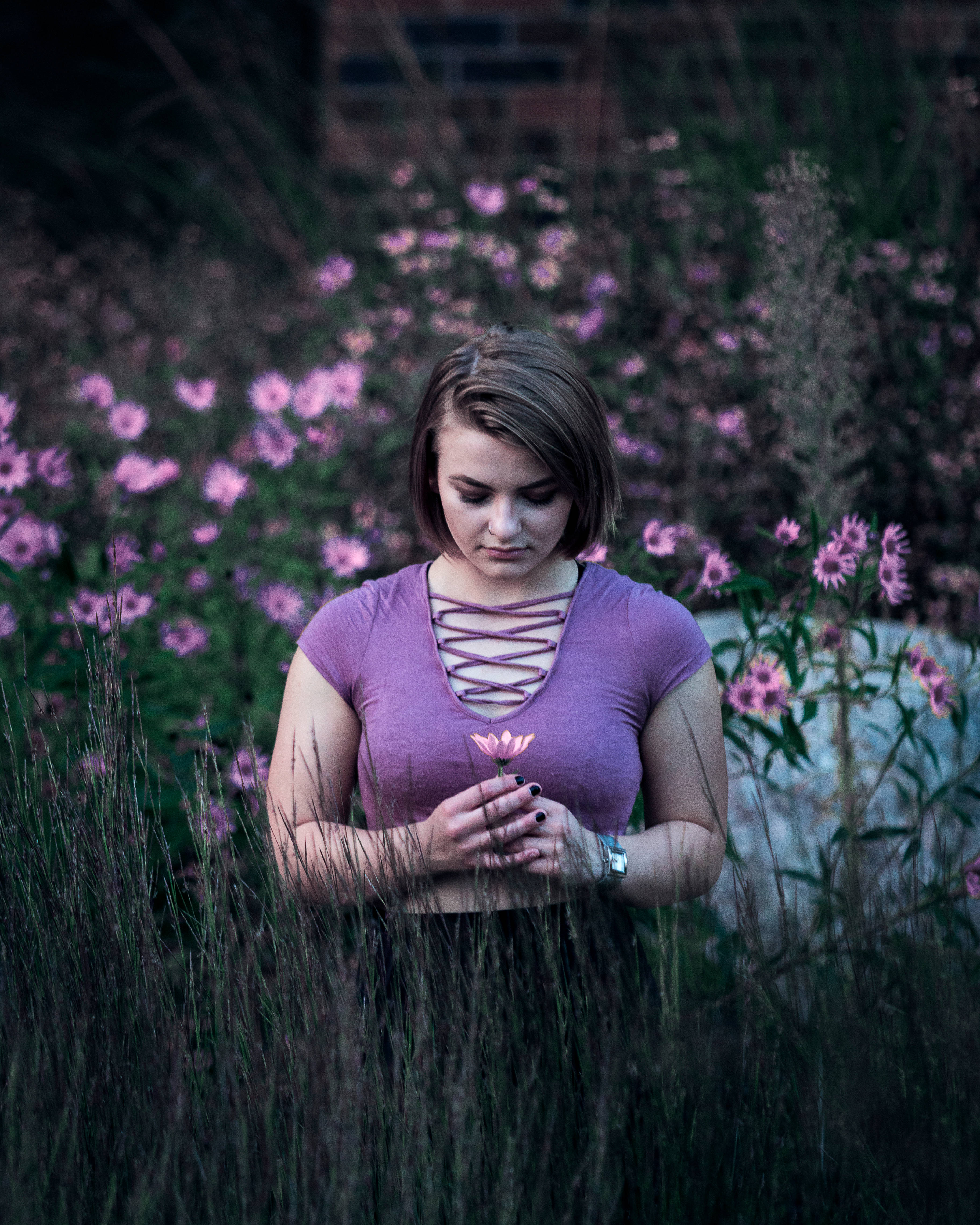 cute girl, pink flower field, purple lace-up top, 4K Phone Wallpaper