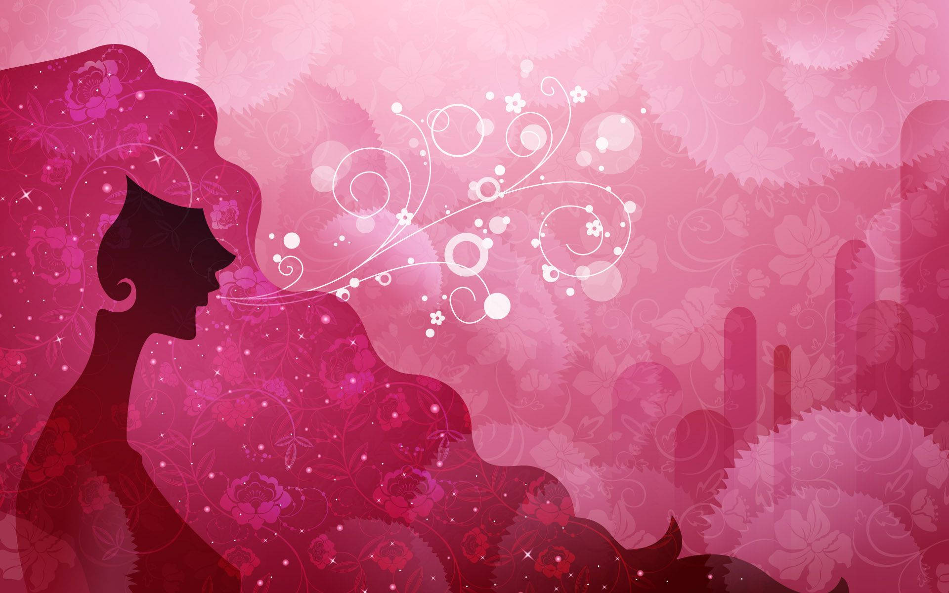 Cute Pink Girl, silhouette, floral swirls, Full HD Desktop Wallpaper