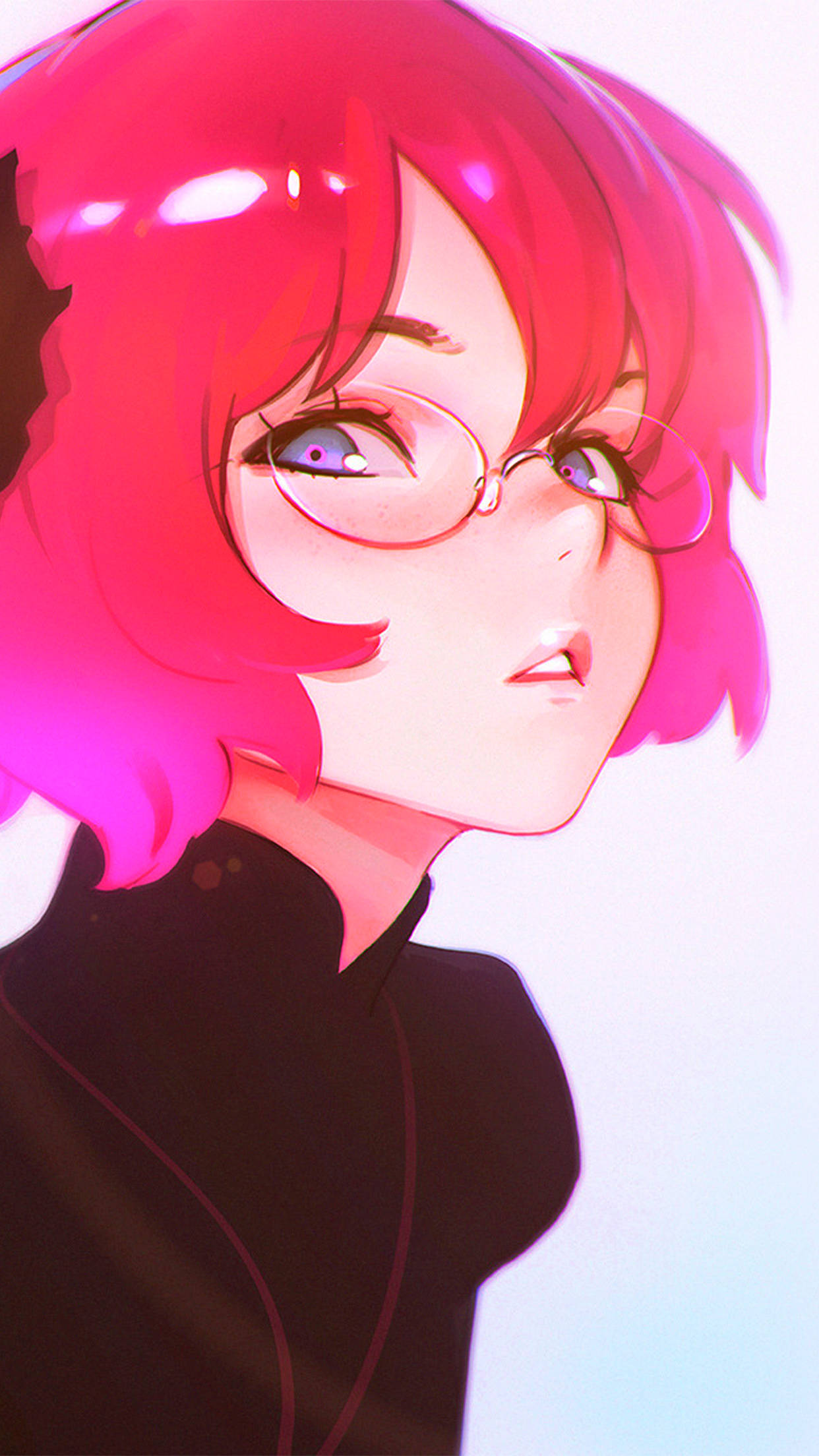 anime girl, short pink hair, glasses, Full HD Phone Wallpaper