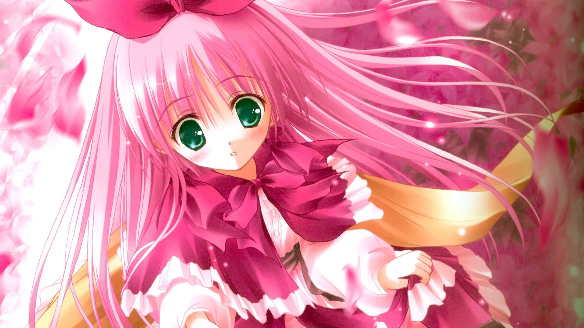 Cute Anime Girl, long pink hair, green eyes, Full HD Desktop Wallpaper