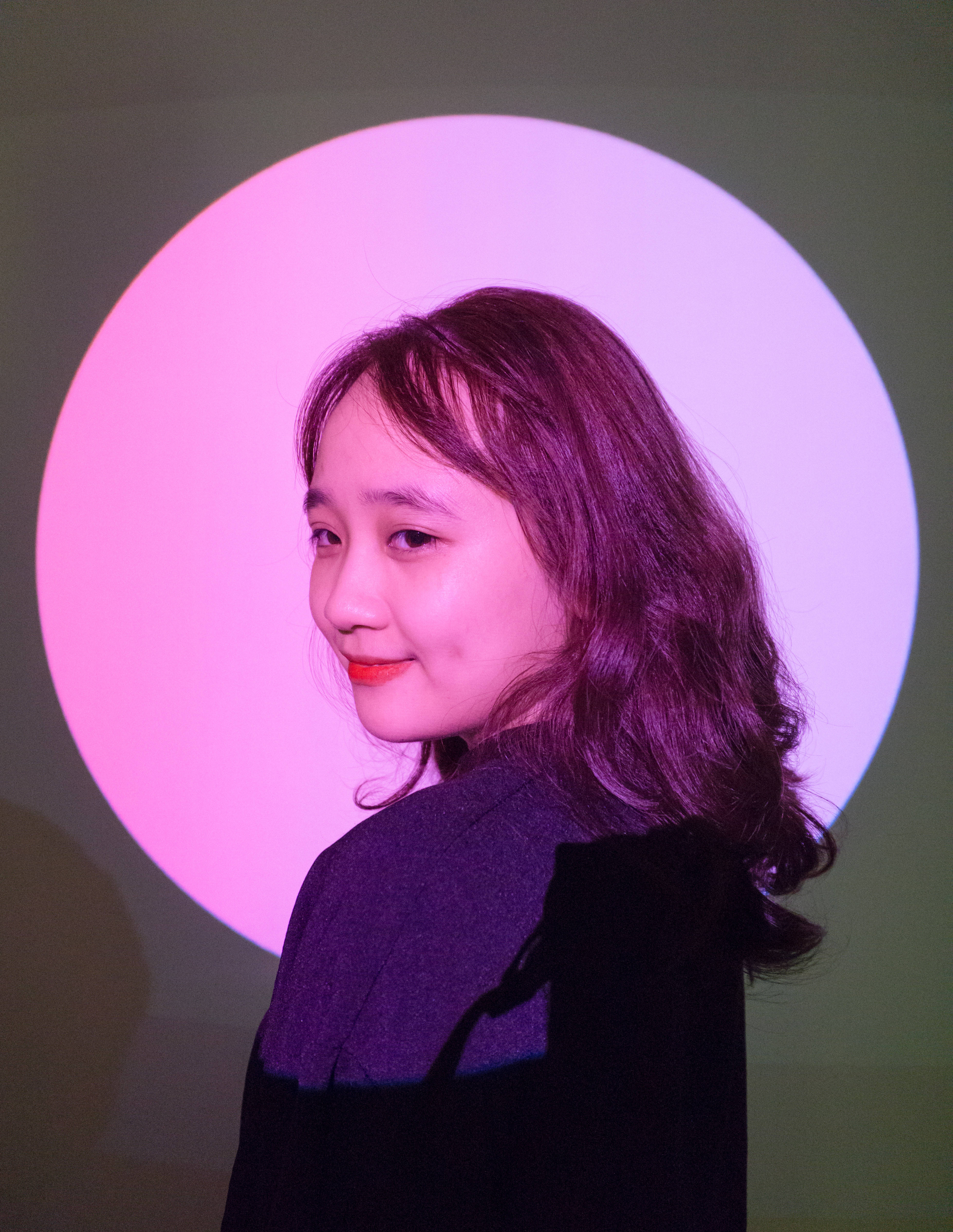 cute girl, pink light, wavy hair, 4K Phone Wallpaper